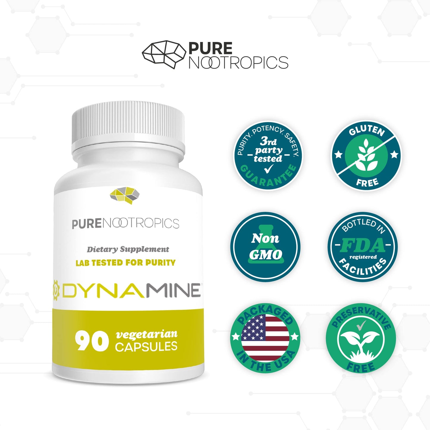 Pure Nootropics Dynamine 100 mg Capsules, 90 Count