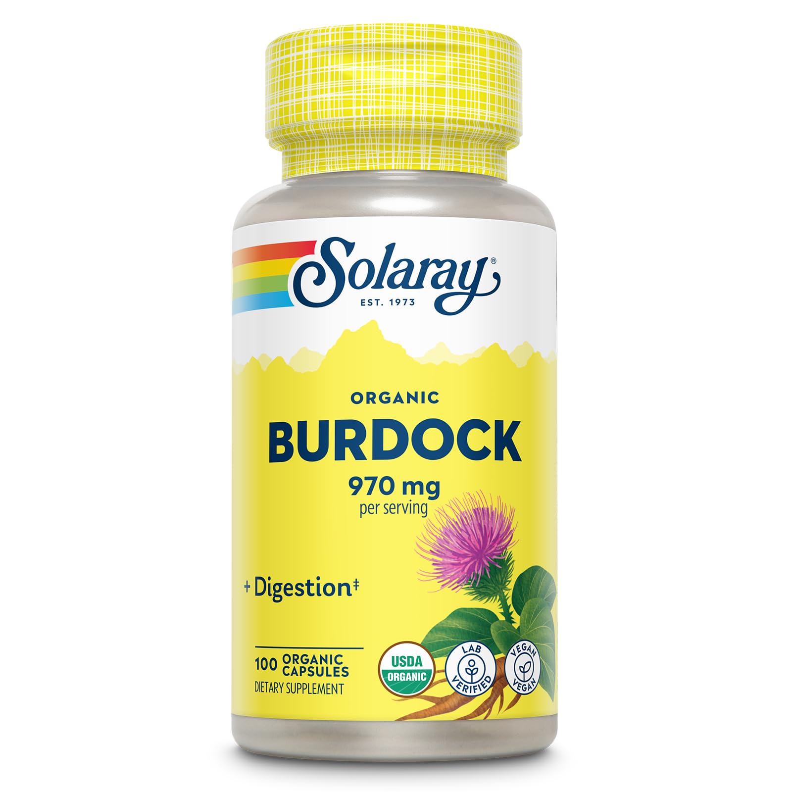 Solaray Organic Burdock Root 970 mg Veg Caps 100 Count