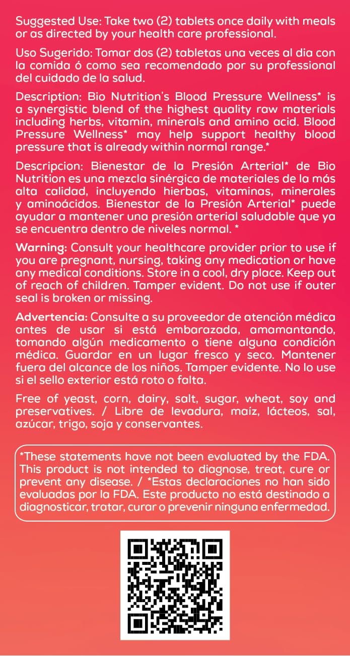 Bio Nutrition Blood Pressure Wellness Tabs 60 Tablets