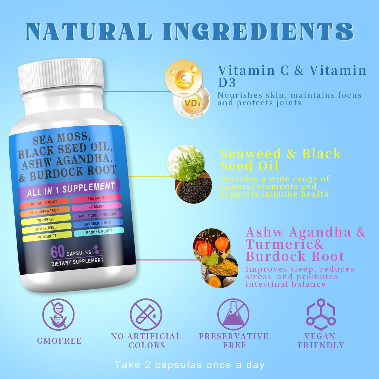 Pyzor Sea Moss Black Seed Oil Ashwagandha Turmeric Bladderwrack Burdock Elderberry Manuka Dandelion Burdock Root Vitamin D3 Chlorophyll Capsules, 60 Count