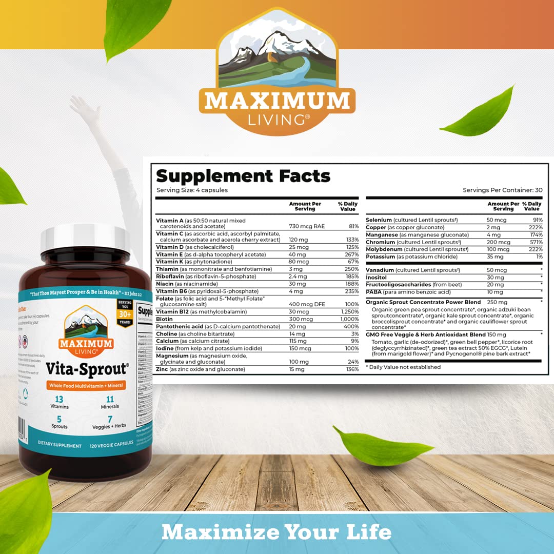 Maximum Living Vita-Sprout Whole-Food Multivitamin & Phytonutrient Blend 120 Capsules