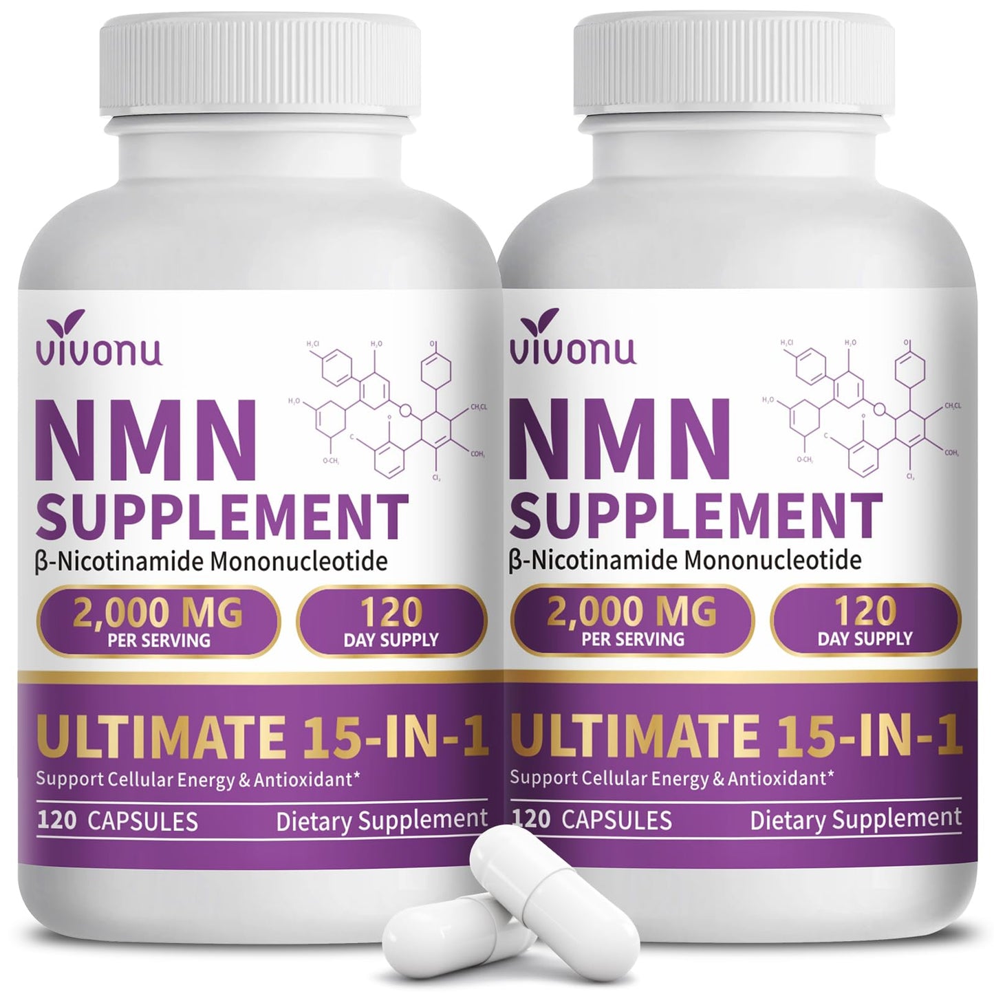 VivoNu 15-in-1 Liposomal NMN Supplement Capsules, 2 Bottles