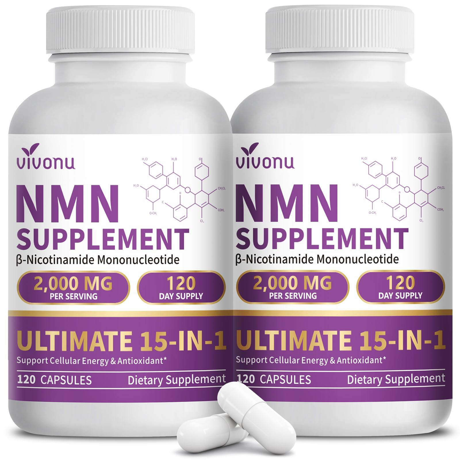 VivoNu 15-in-1 Liposomal NMN Supplement Capsules, 2 Bottles