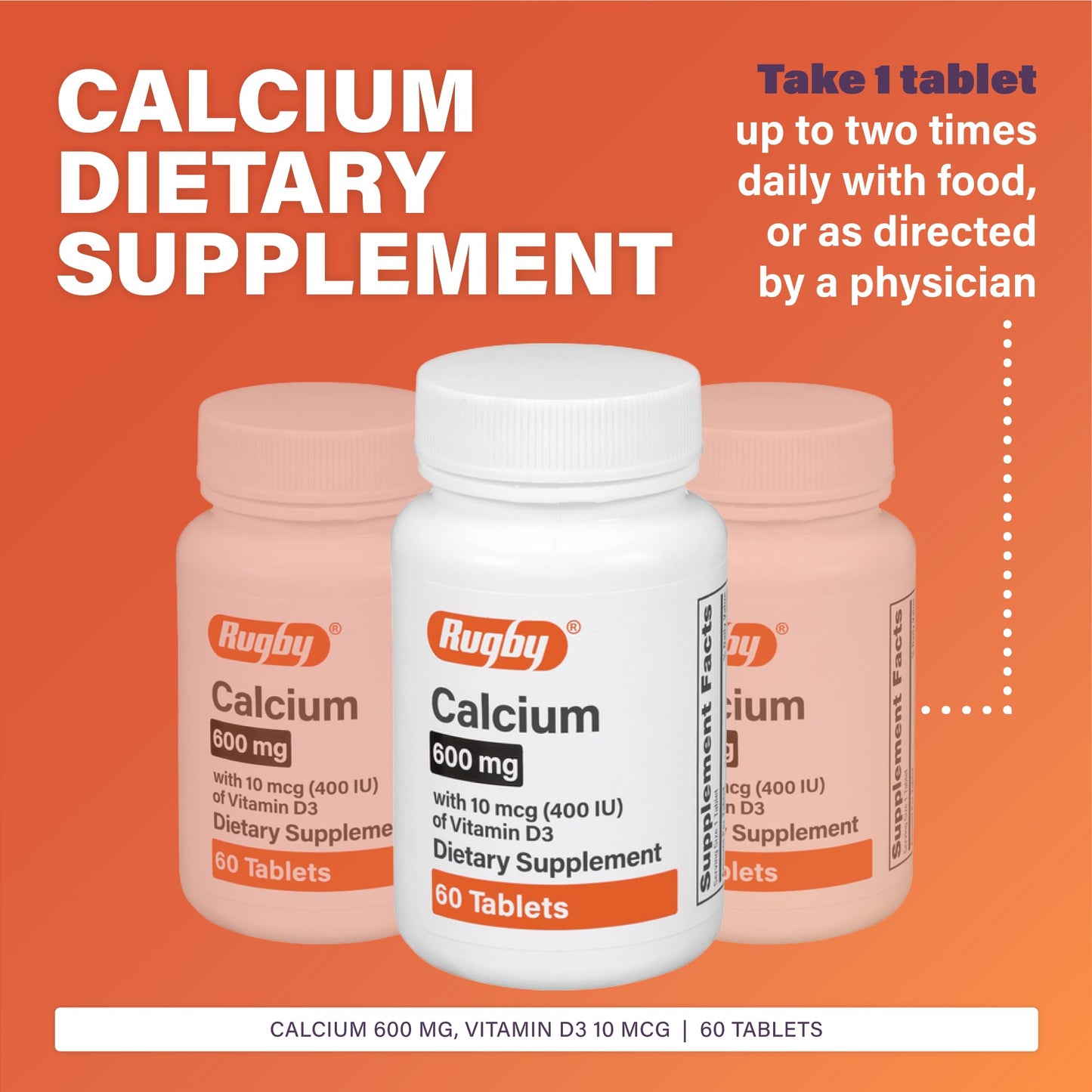 Rugby Laboratories Calcium Tablets 600mg with 400 IU Vitamin D3, 60 Count