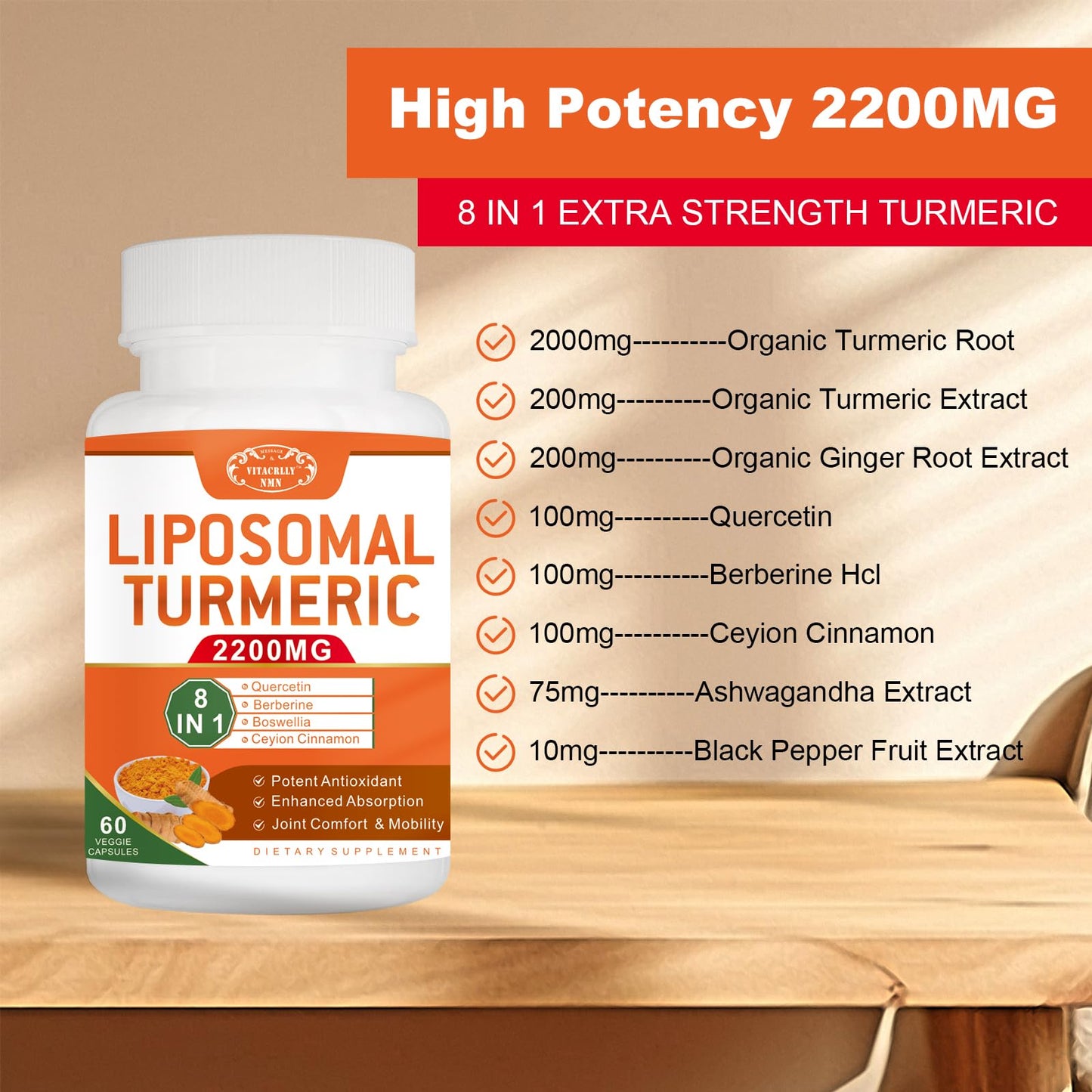 VITACRLLYNMN 2200mg Liposomal Turmeric Curcumin Supplement 95% Curcumin Extract for Joint Support Capsule 180