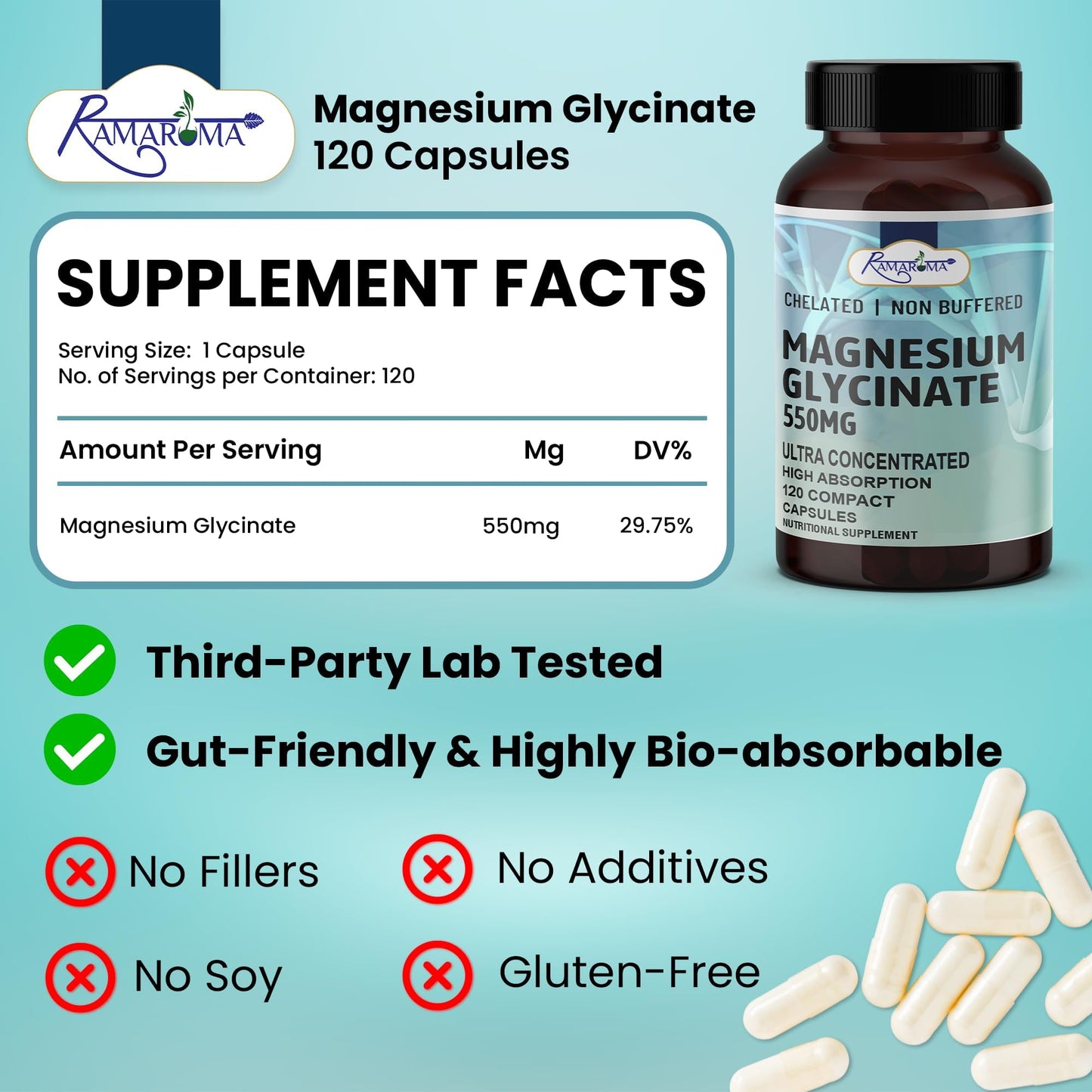 Ramaroma Pure Magnesium Glycinate 550 mg Capsules 120 Count