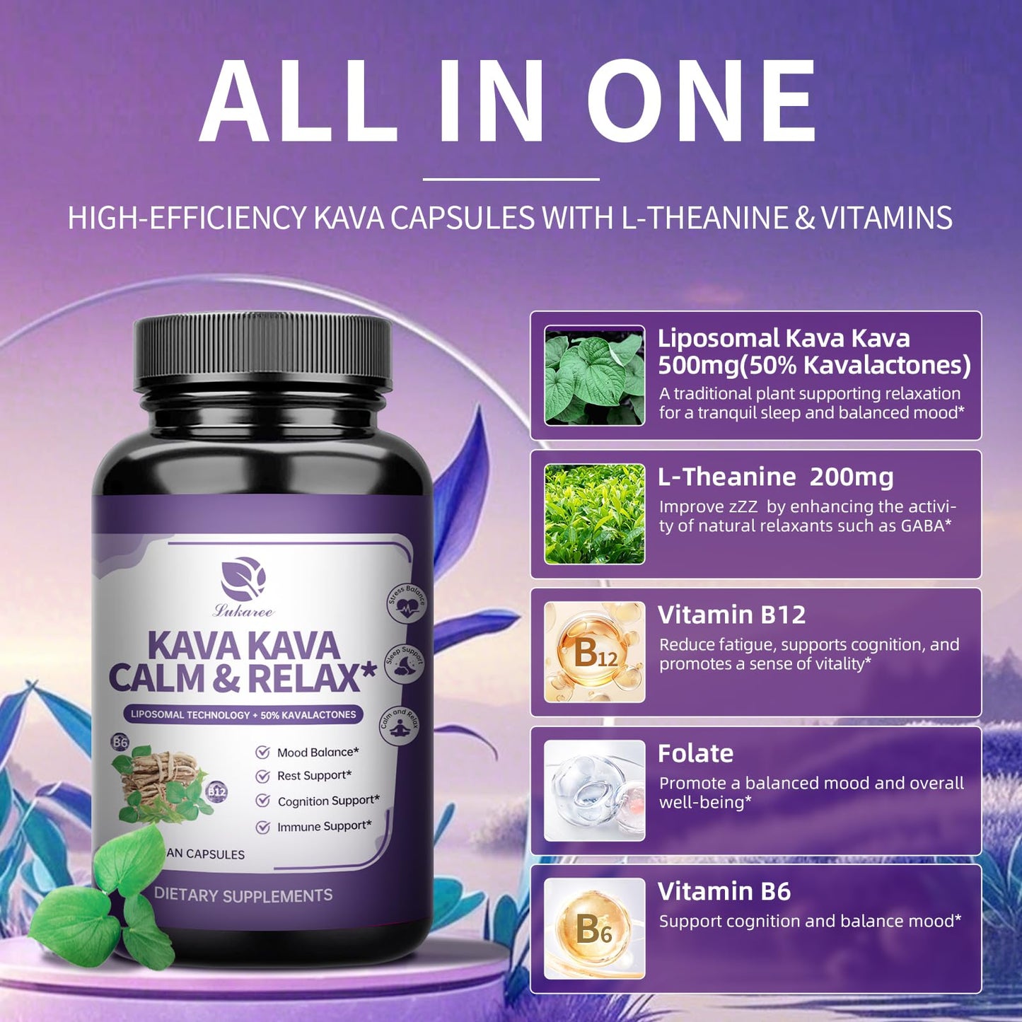 Lukaree Liposomal Kava Kava Root Extract with L-Theanine, Calm & Sleep, 60 Capsules