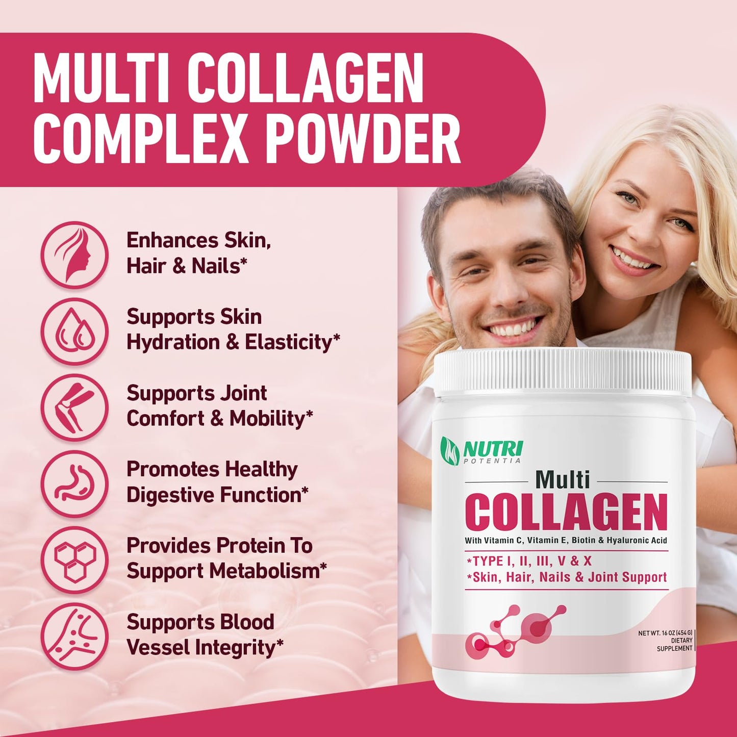 NUTRI POTENTIA Multi Collagen Peptides Powder - Type I, II, III, V, X with Vitamin C, E & Hyaluronic Acid, Hair, Skin, Nail Support, Unflavored, Non-GMO, 1 Pound