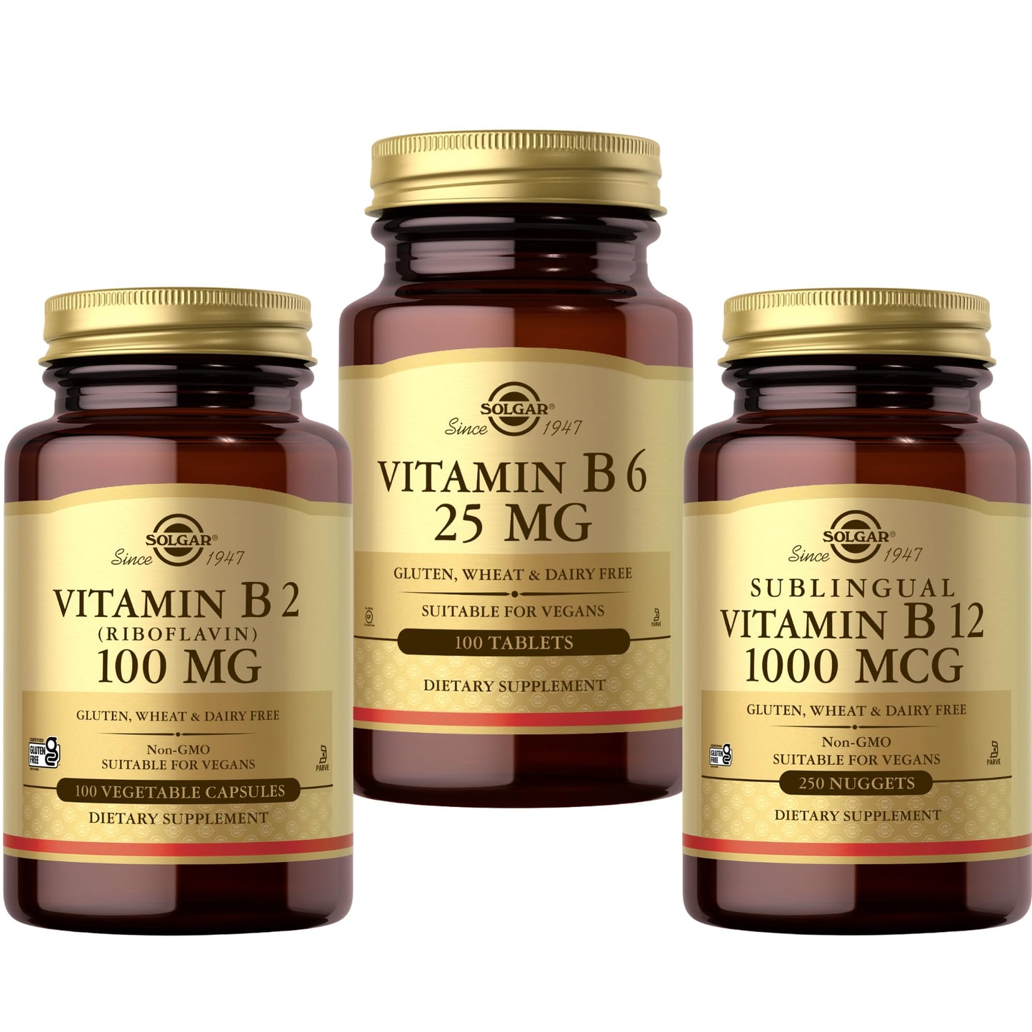 SOLGAR Vitamin B Bundle: B6 25 mg 100 Tablets; Sublingual B12 1000 mcg Nuggets 250 Count; B2 (Riboflavin) 100 mg 100 Vegetable Capsules, 450