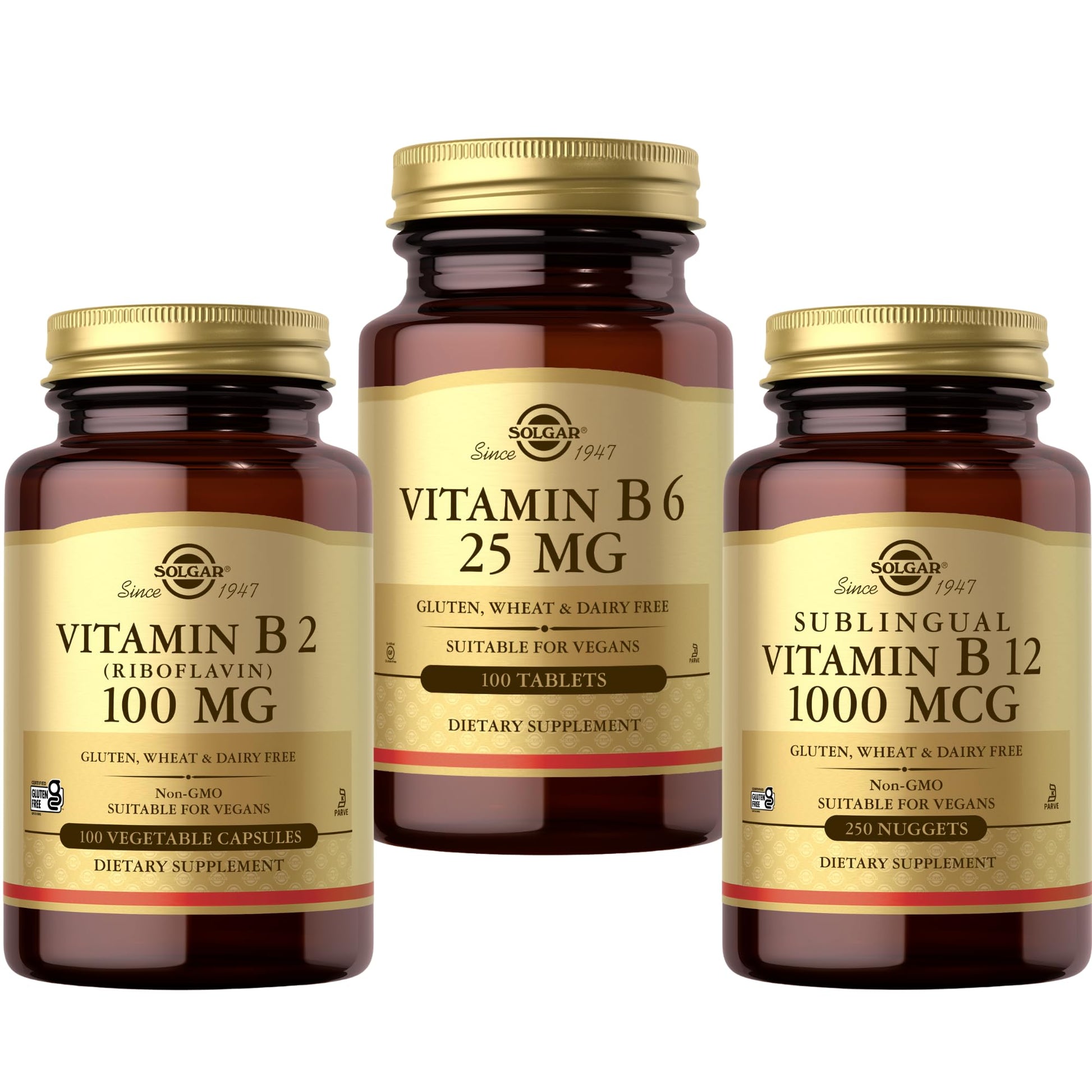 SOLGAR Vitamin B Bundle: B6 25 mg 100 Tablets; Sublingual B12 1000 mcg Nuggets 250 Count; B2 (Riboflavin) 100 mg 100 Vegetable Capsules, 450