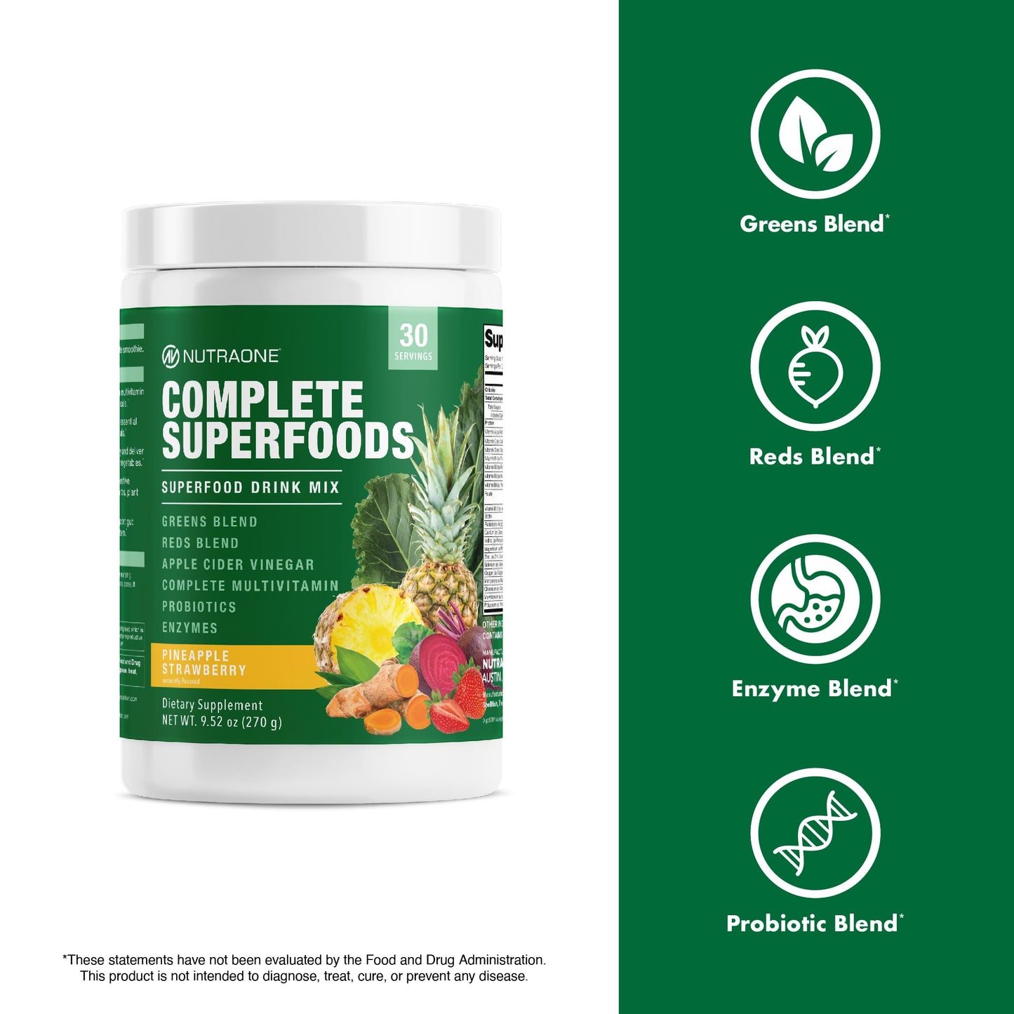NutraOne Complete Superfoods, Greens & Reds Blend, Apple Cider Vinegar, Digestive Enzyme Blend, Probiotic Blend, Multivitamin (Pineapple Strawberry - 30 Servings) Cannister Pineapple Strawberry Powder 9.31 Ounce