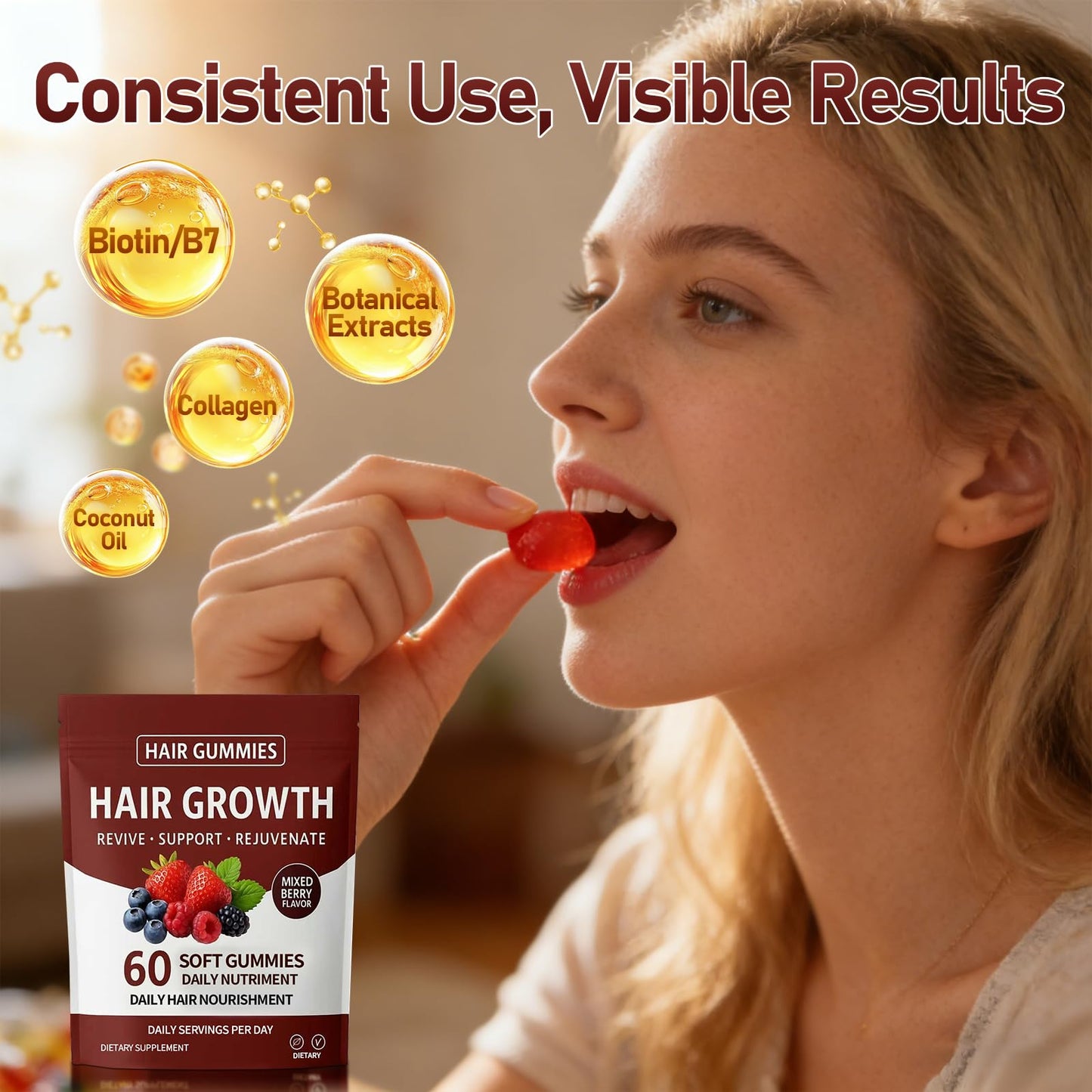 caicieter Hair Growth Gummies, 60 Gummies