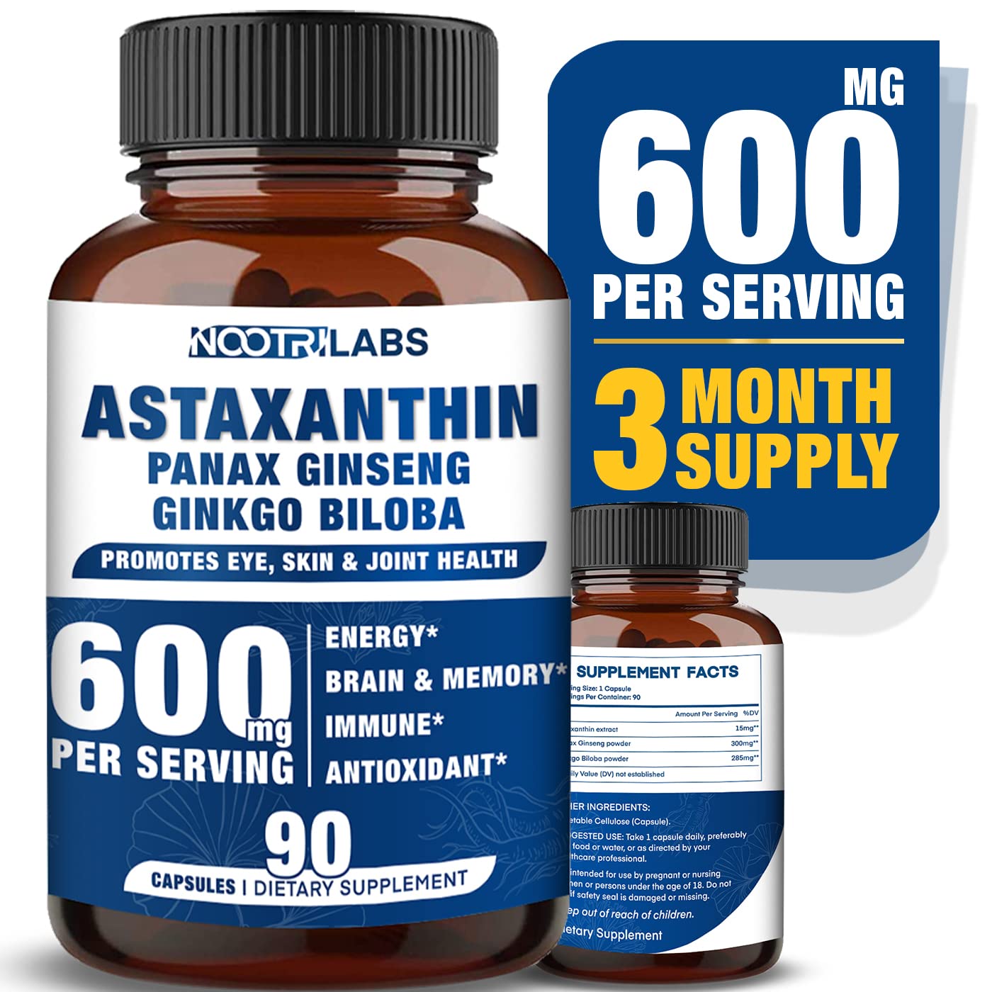 Nootrilabs Naturals Astaxanthin 15mg + Panax Ginseng + Ginkgo Biloba Capsules 90 Count