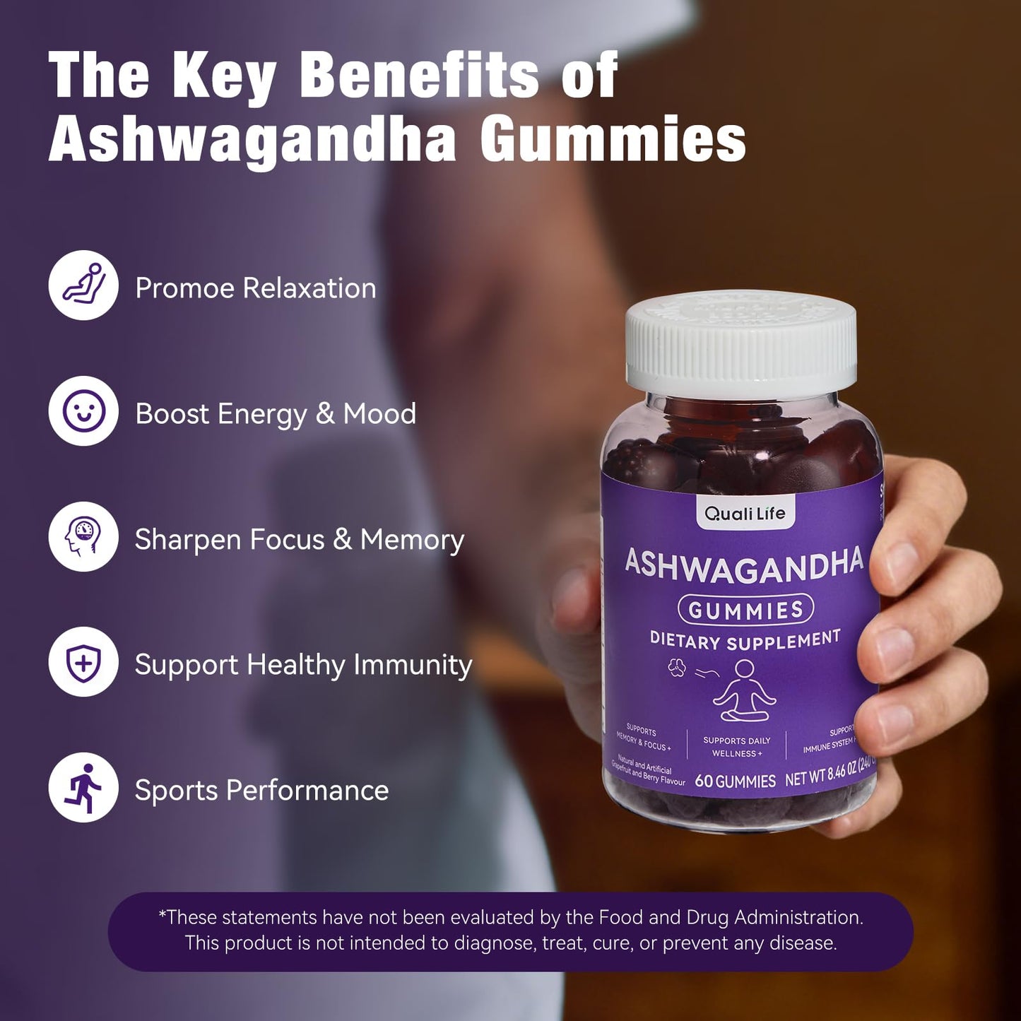 QualiLife Ashwagandha Gummies for Relax & Cortisol Support, 60 Gummies