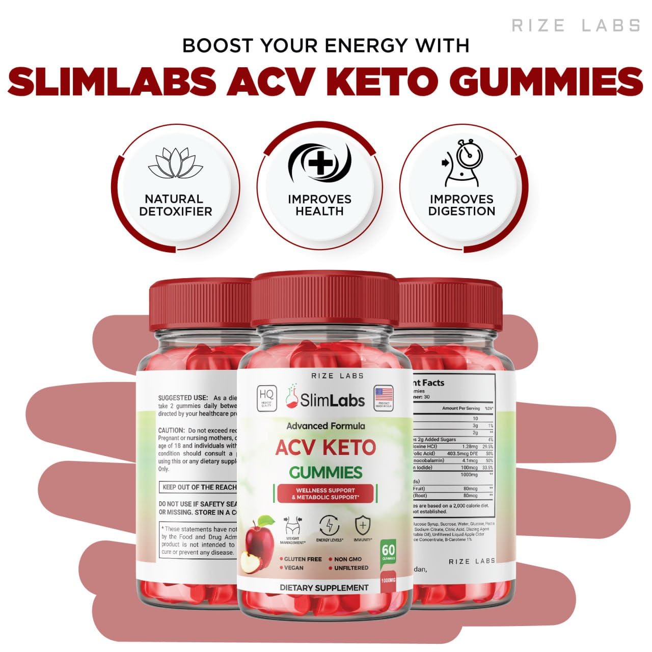 Rize Labs Slim Labs ACV Keto Gummies for Wellness and Metabolic Support - Weight Loss Gummies - Belly Fat Diet, 120 Gummies