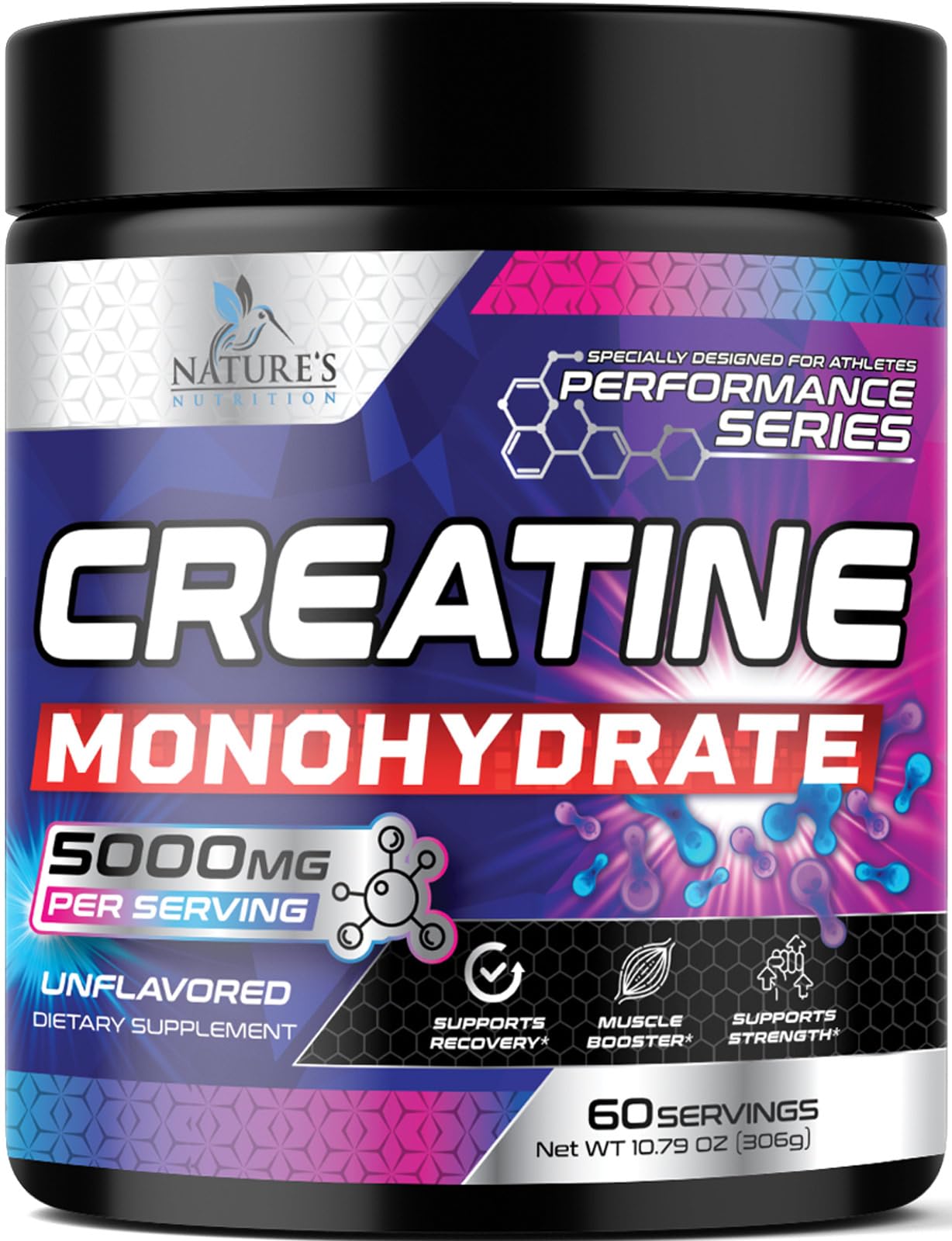 Nature's Nutrition Creatine Monohydrate Micronized 5000mg Per Serving - Performance Powder Creatine Nutritional Supplement - For Muscle Strength & Energy Support, Unflavored Monohydrate Powder - USA Bottled - 60 Servings