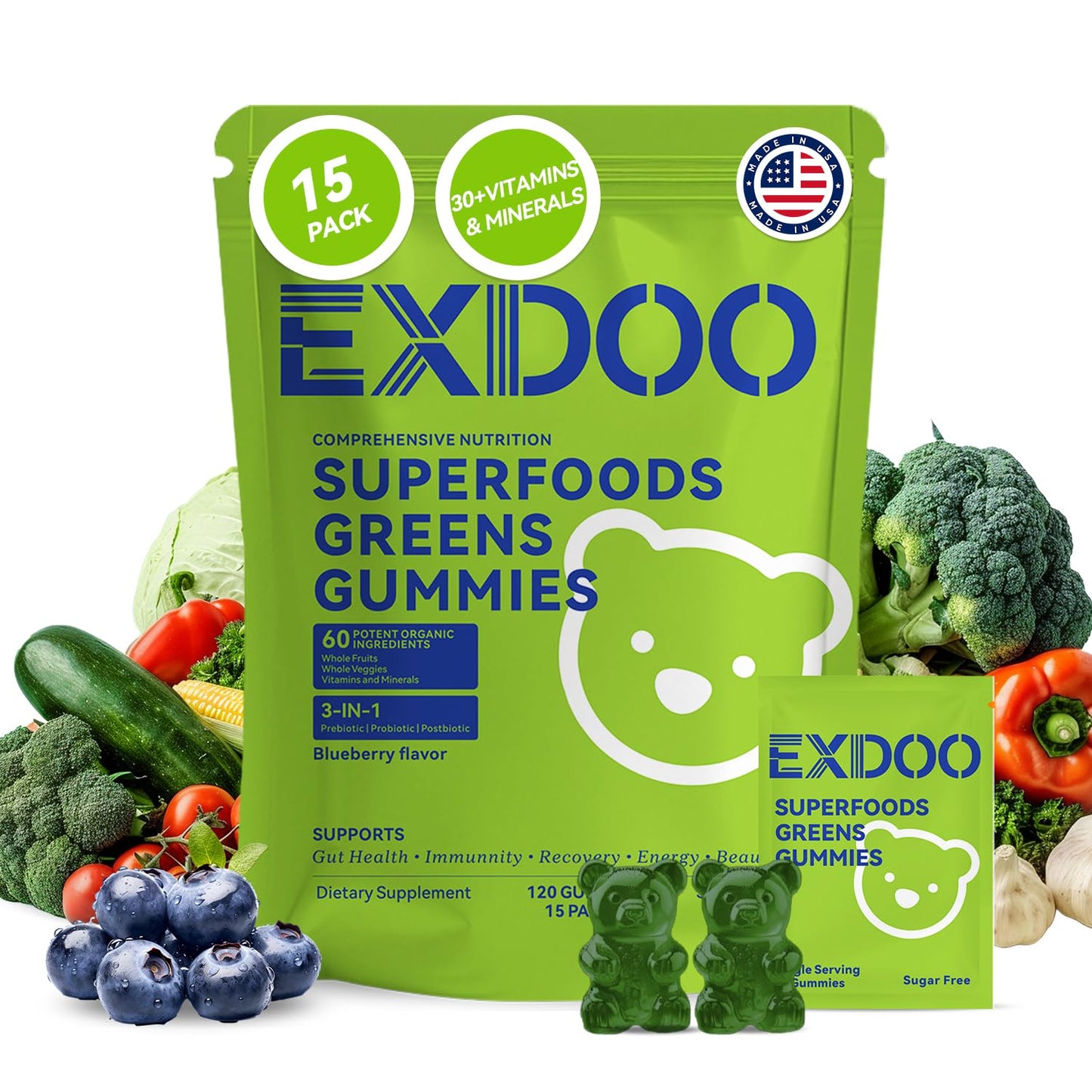 exdoo Super Greens Fiber Gummies Multivitamin with Spirulina & Chlorella, 120 Gummies