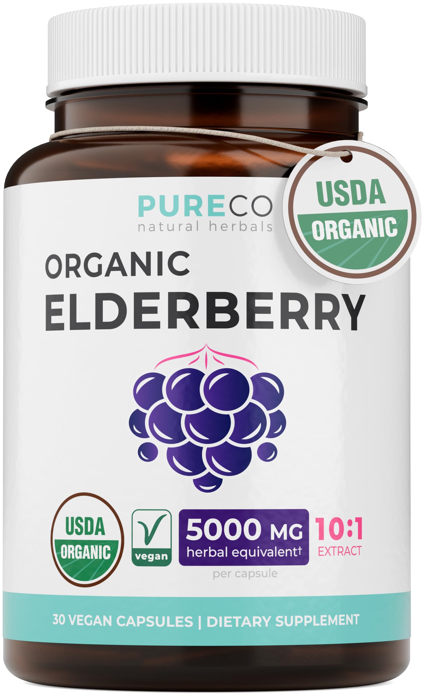 PURE CO Organic Elderberry 10:1 Extract 500mg per Capsule, 30 Capsules