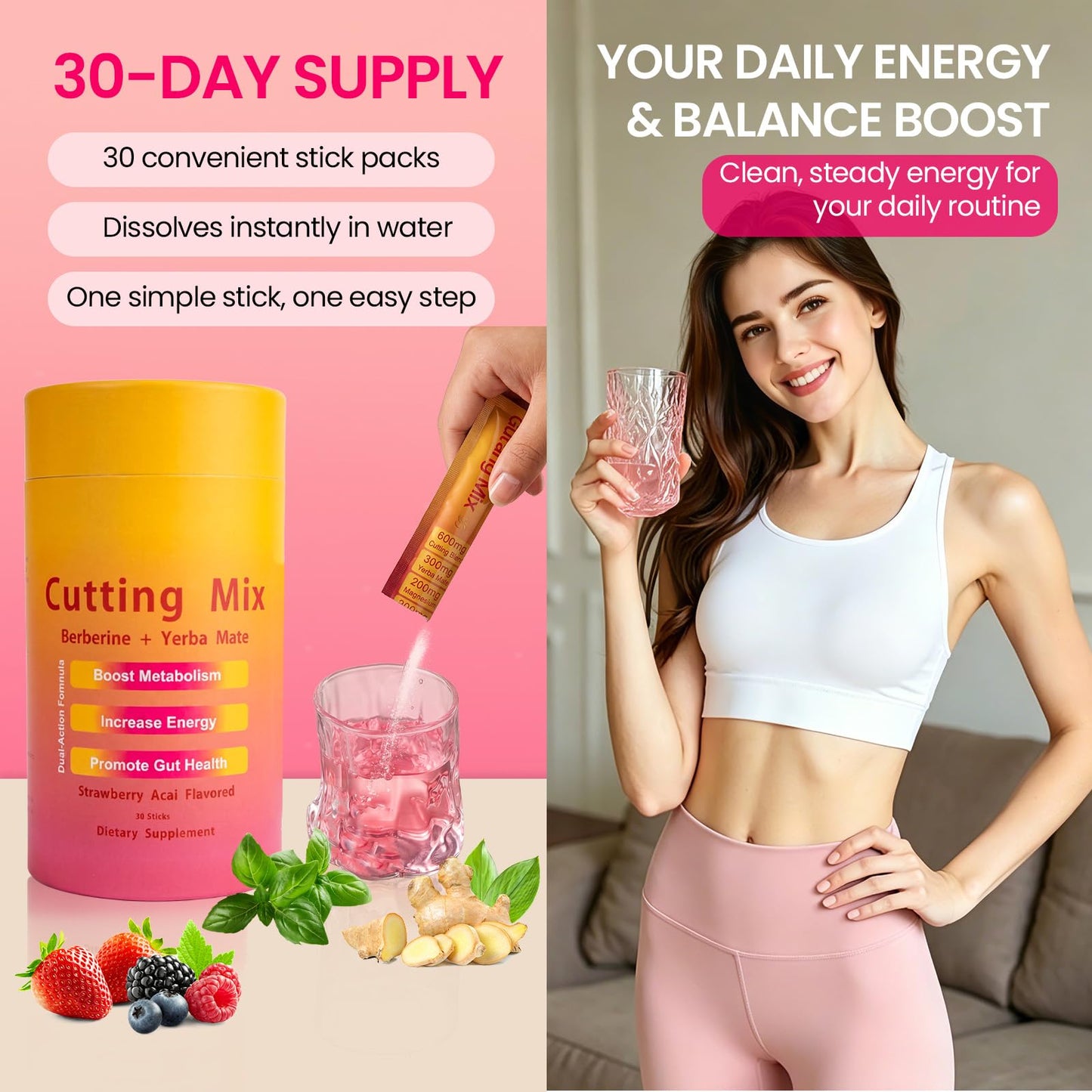 BOYAO Cutting Mix Fat Shaping Powder with 5-HTP (5-Hydroxytryptophan), Yerba Mate & Berberine, Daily Energy & Metabolism Support, Strawberry Acai Flavor, 30
