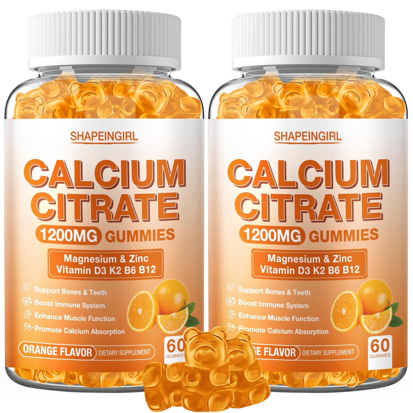 SHAPEINGIRL 1200mg Calcium Citrate with Vitamin D3, K2, B6 & B12 Gummies, Plus Magnesium Zinc for Bones, Muscle & Immune Support, 120 Gummies