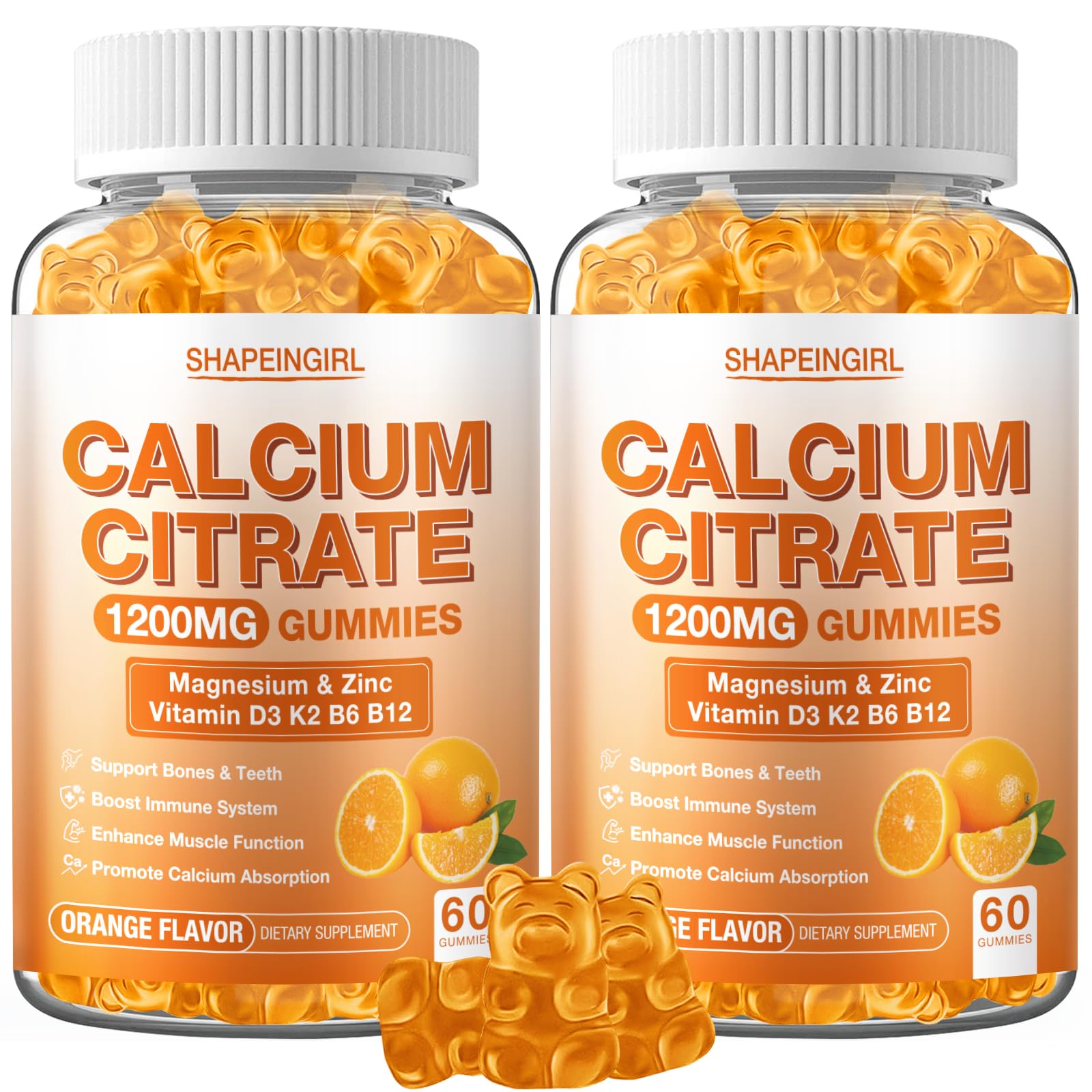 SHAPEINGIRL 1200mg Calcium Citrate with Vitamin D3, K2, B6 & B12 Gummies, Plus Magnesium Zinc for Bones, Muscle & Immune Support, 120 Gummies