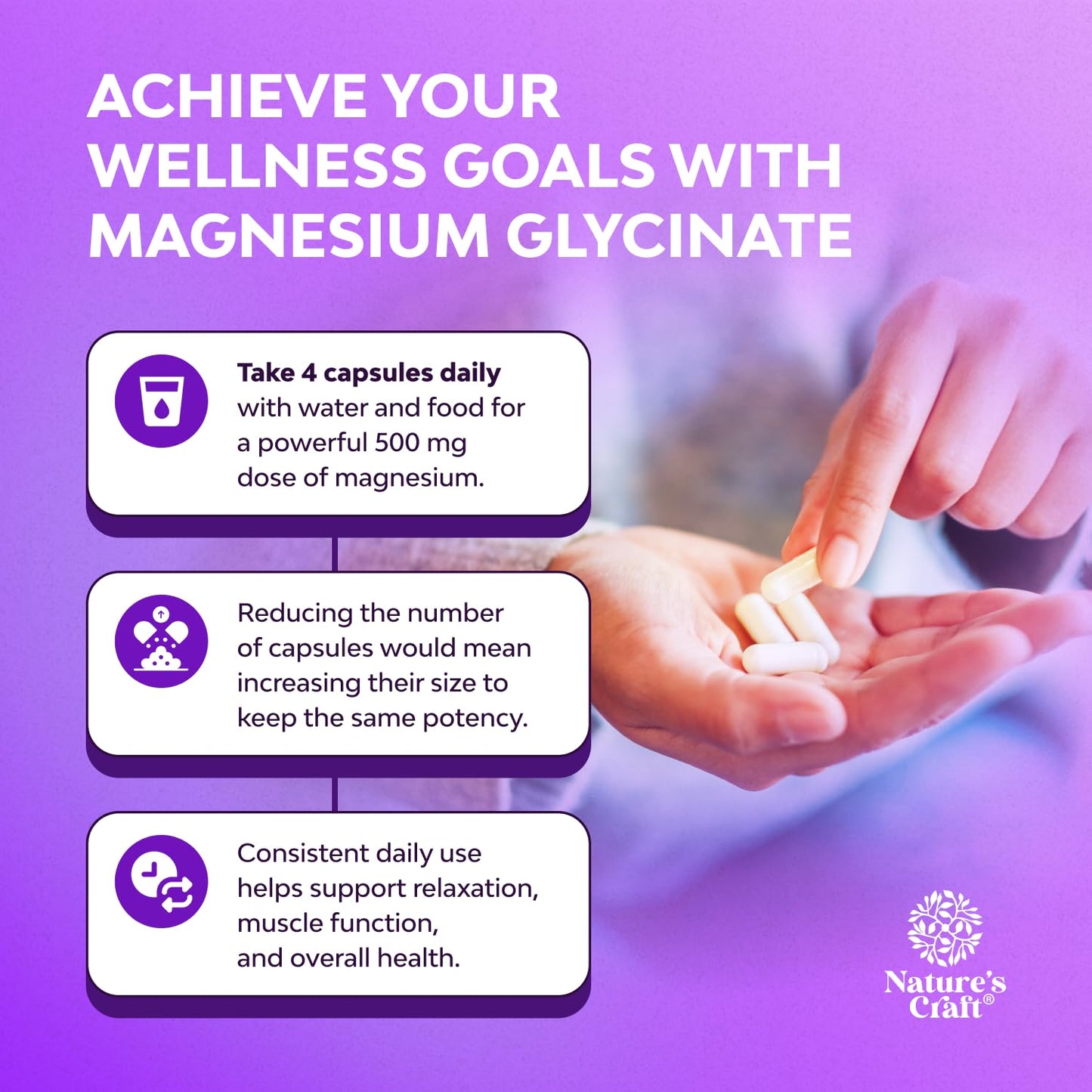 Natures Craft High Absorption Magnesium Glycinate Capsules - 500mg Magnesium Glycinate per Serving, Chelated, GMP Certified, 240 Count