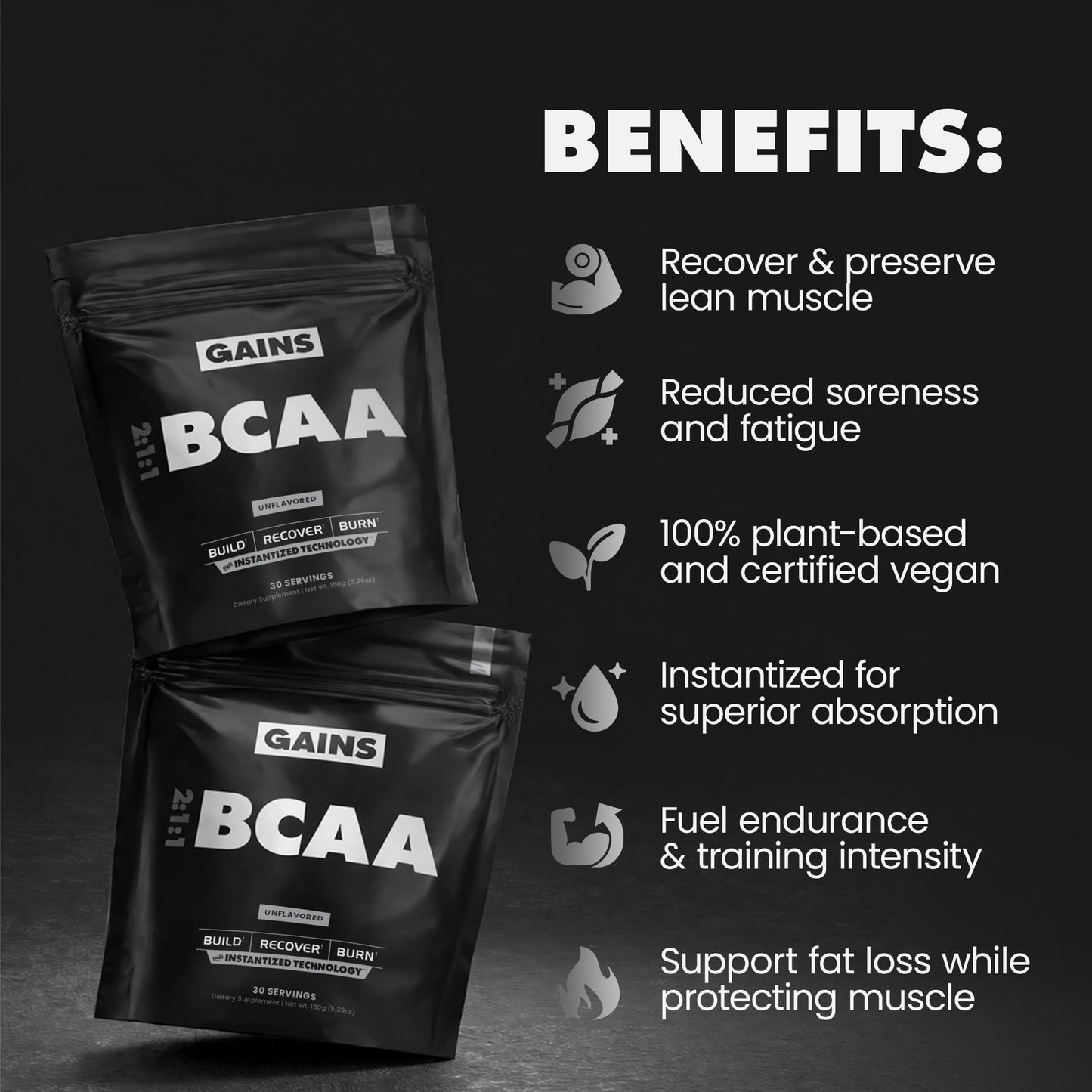 Gains in Bulk BCAA Powder Pre Workout Plant Based Branch Chain Amino Acids, 30 Servings