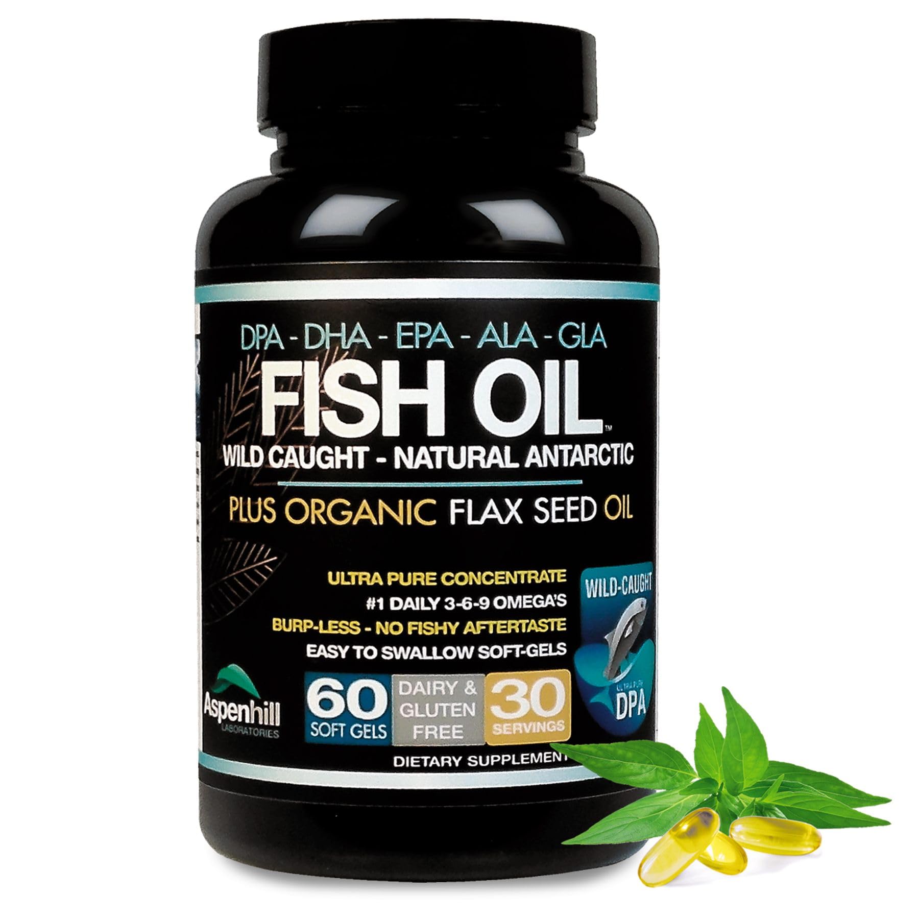 Aspenhill Laboratories Triple Strength Wild-Caught Antarctic Fish Oil Omega-3 with Organic Flax Seed, Omega Ultra Blend DPA EPA DHA GLA ALA Softgels 60