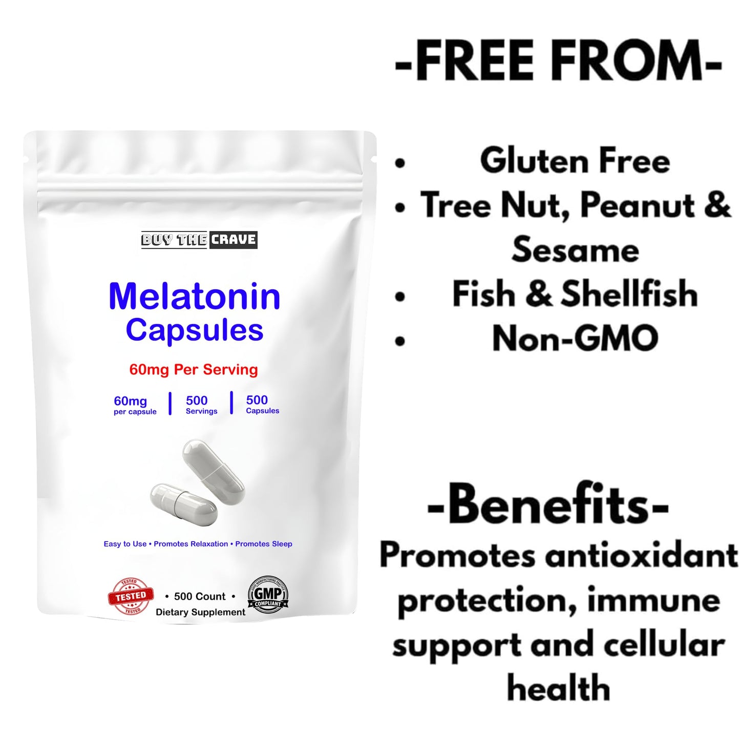 BUY THE CRAVE Melatonin 60mg Extra Strength Capsules, 500 Count