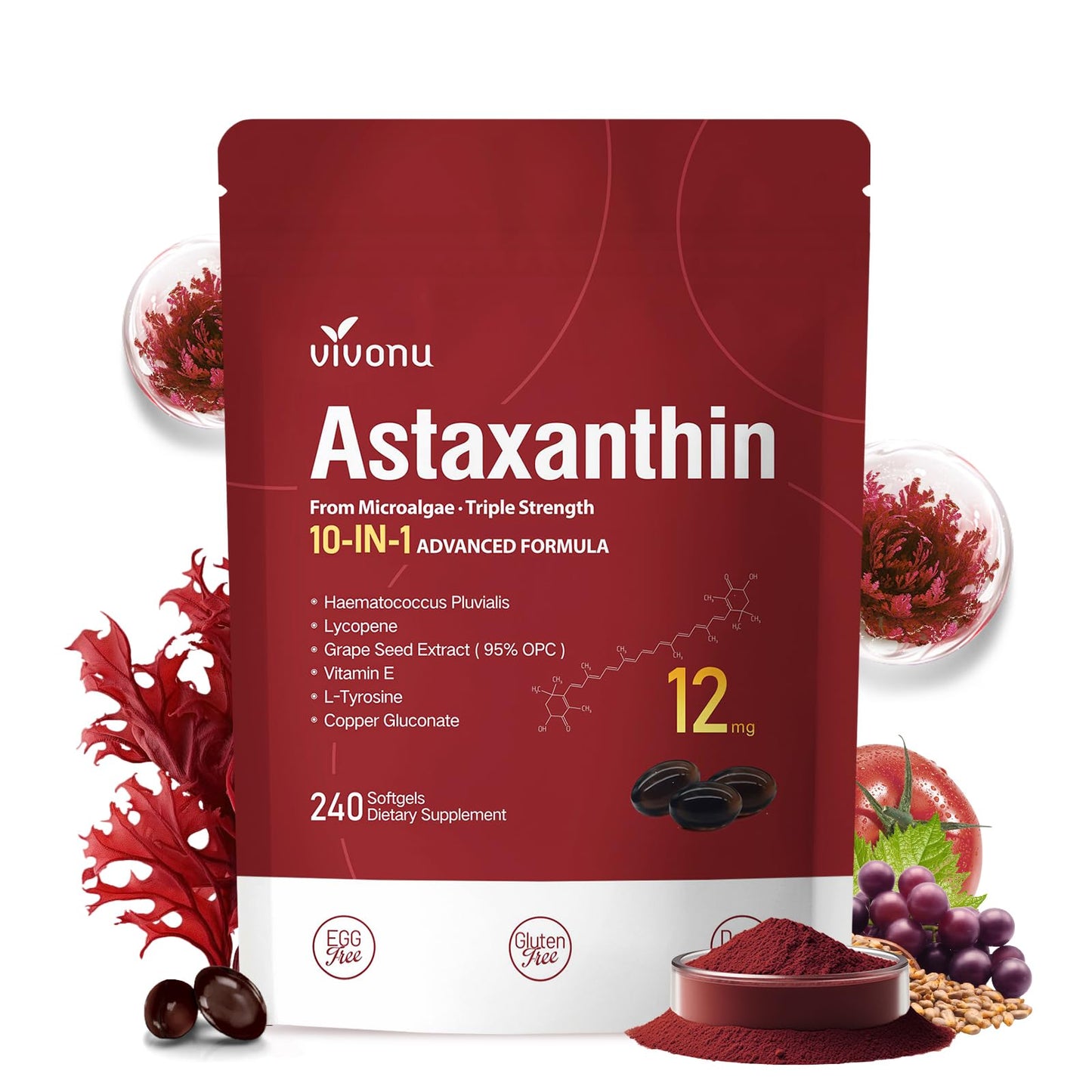 VivoNu 10 in 1 Astaxanthin 12mg Capsule, 240 Count