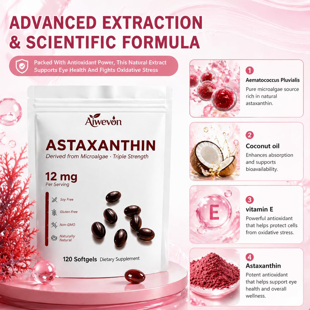 Aiwevon High Potency Astaxanthin 12mg Softgels 120