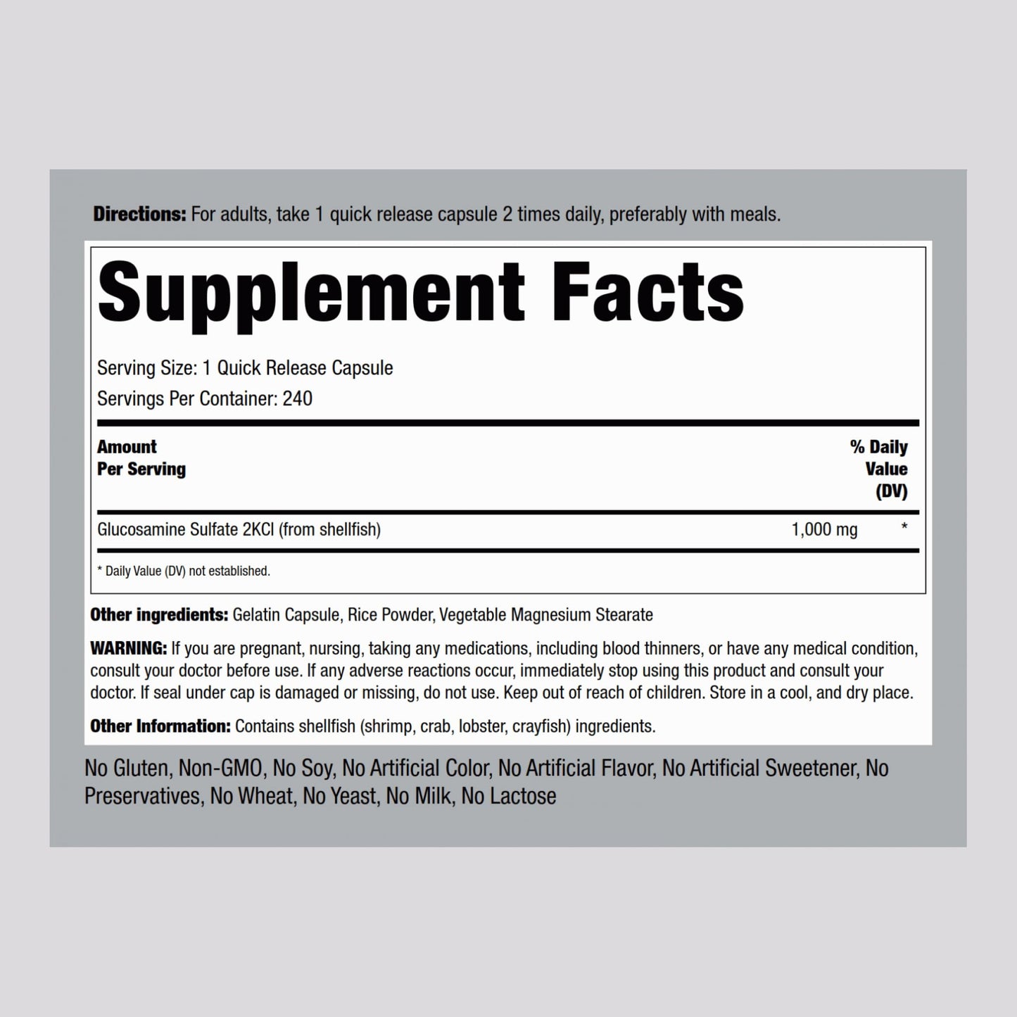 Piping Rock Glucosamine Sulfate 1000mg 240 Capsules