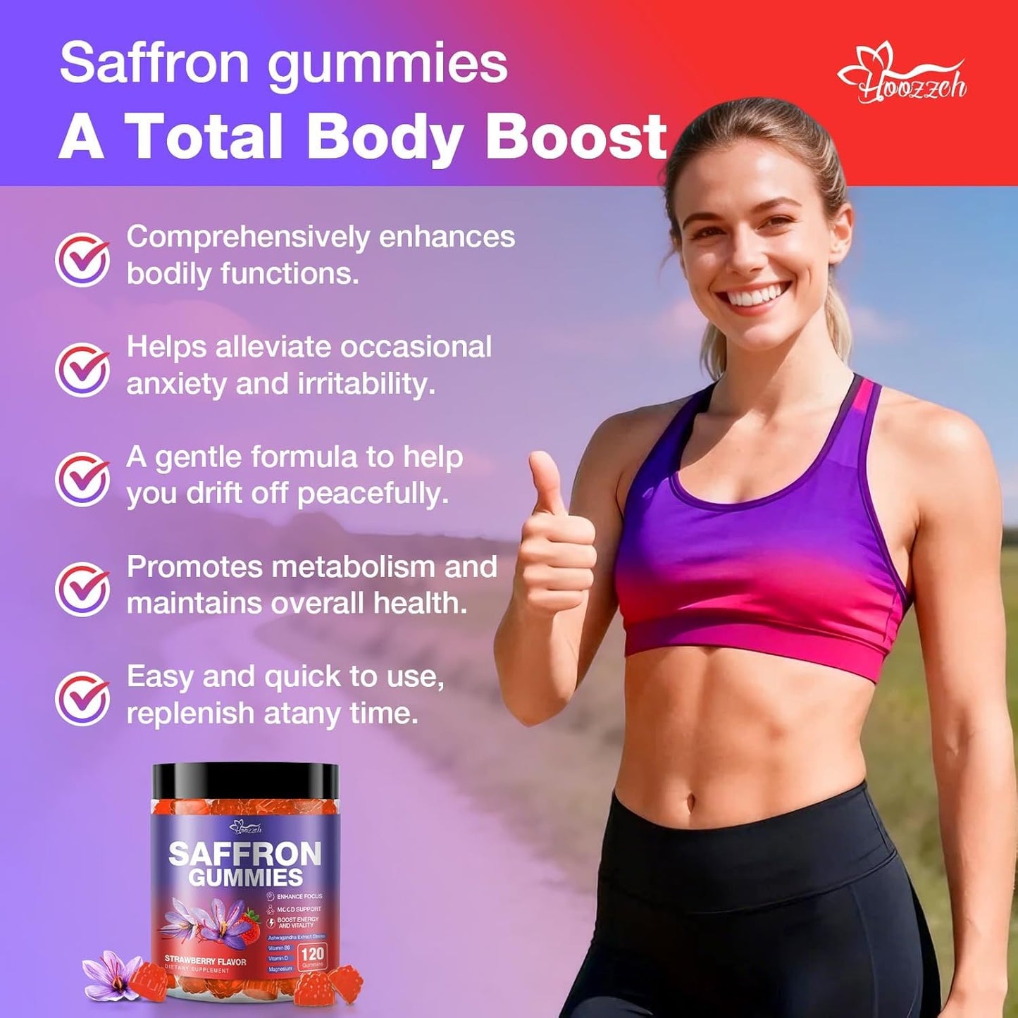 Hoozzch Saffron Gummies with 88.5mg Saffron Extract, Magnesium Glycinate 200mg, L-Theanine, Indian Ginseng, B & D Complex, Supports Focus, Mood, Calm, Sleep & Eye Health, 120 Gummies