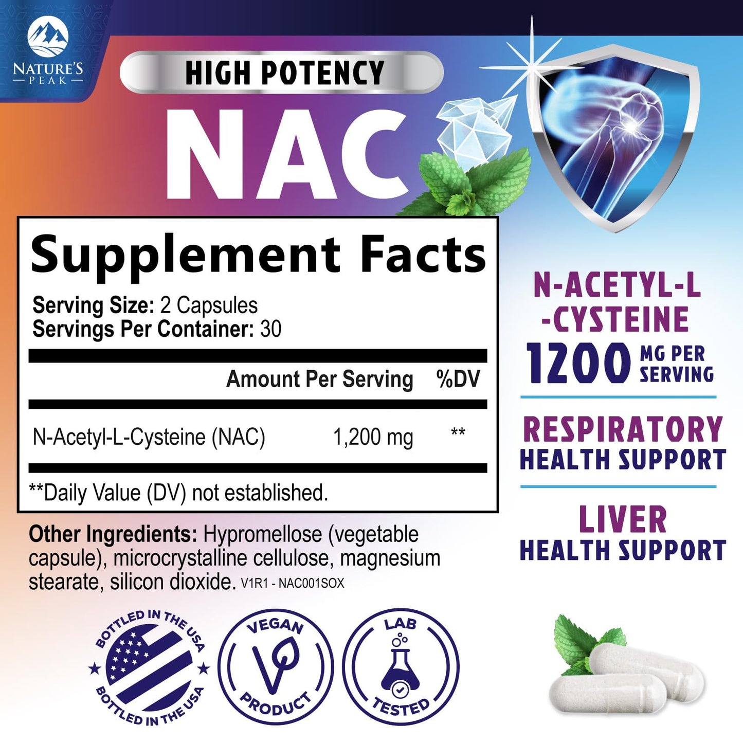 Nature's Peak N-Acetyl-L-Cysteine 1200mg Per Serving Capsule 60 Capsules