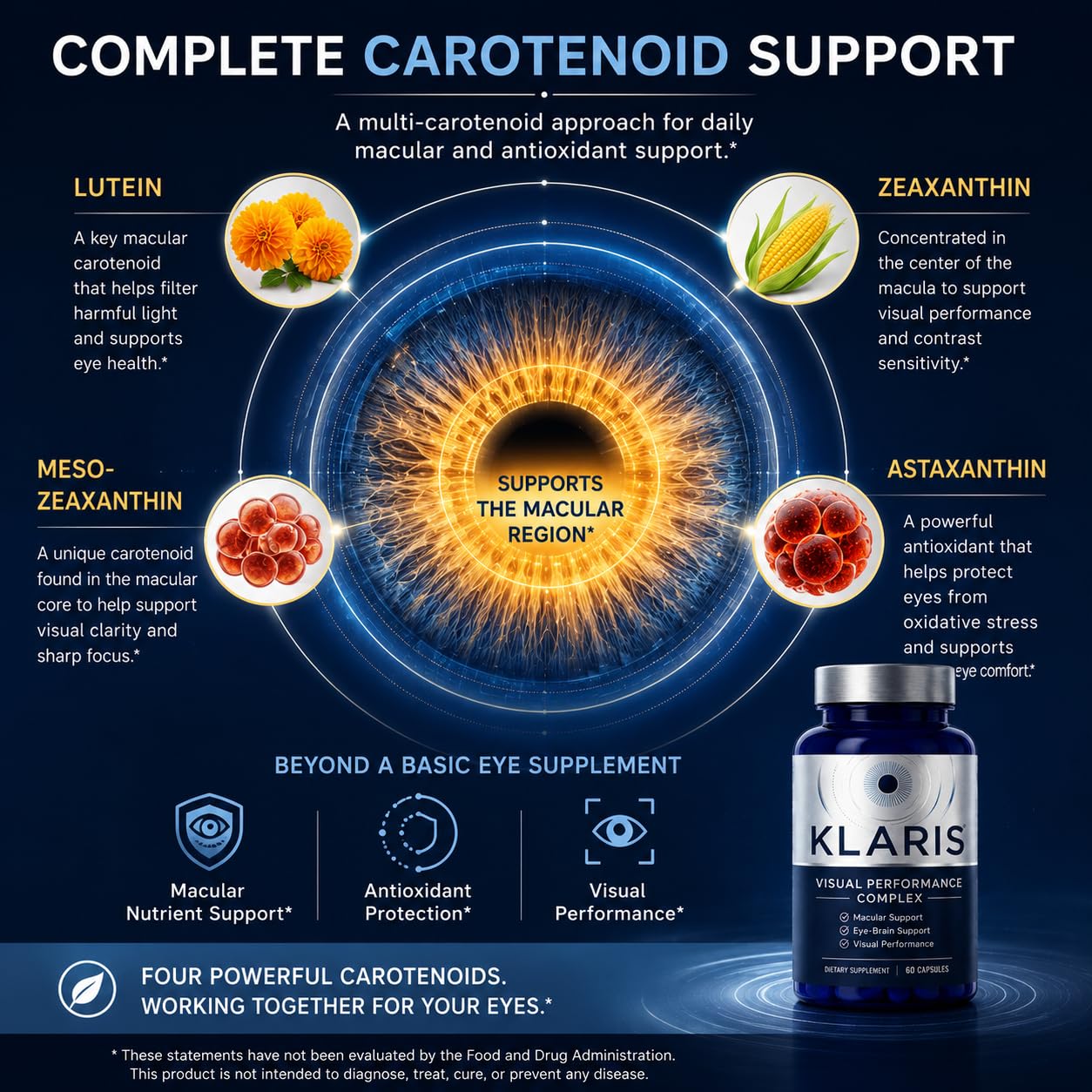 UXZQEN Klaris Visual Performance Complex Capsules, Eye Vitamin with Lutein & Zeaxanthin, Eye-Brain Support, 60 Capsules