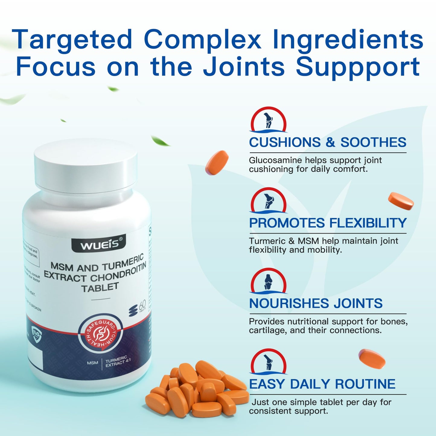 WUEIS Turmeric Glucosamine MSM Joint Supplement with Vitamin D3, Collagen Type II & Hyaluronic Acid, 60 Tablets