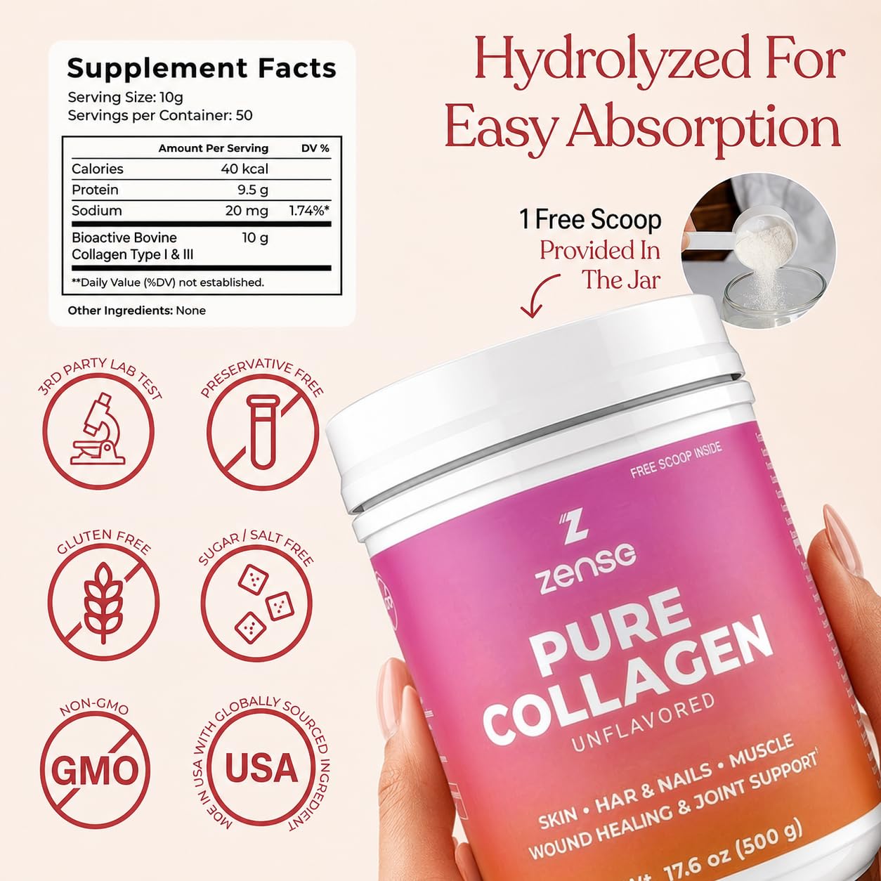 ZENSE Hydrolyzed Collagen Powder – Organic Type I & III Bovine Collagen Peptides, 17.6 oz