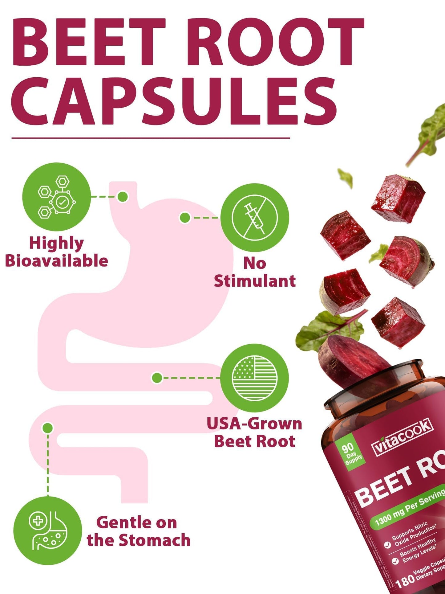 Vitacook Beet Root Capsules, 1300mg Per Serving, 180 Capsules