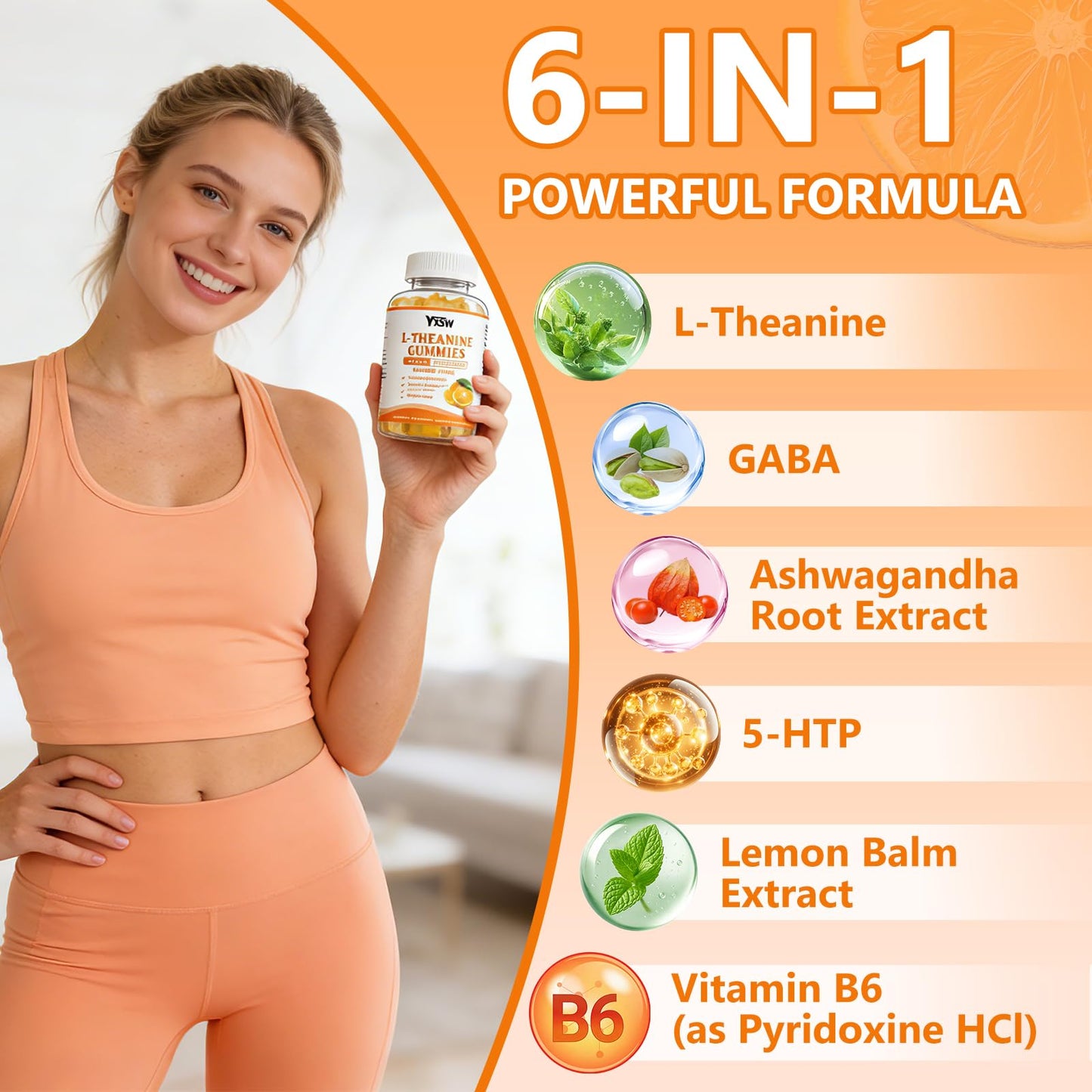 YXSW L-Theanine Gummies 400mg with Ashwagandha, GABA, 5HTP, Orange Flavor, 120 Count