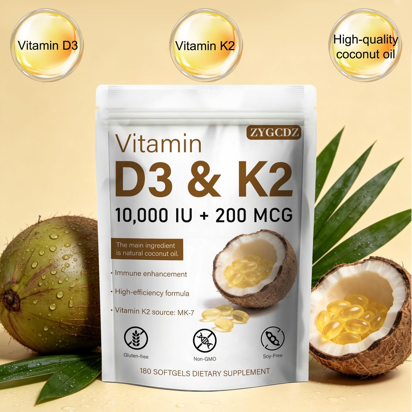 ZYGCDZ Vitamin D3 10000 IU with K2 MK-7 200 mcg Softgels 180 Count