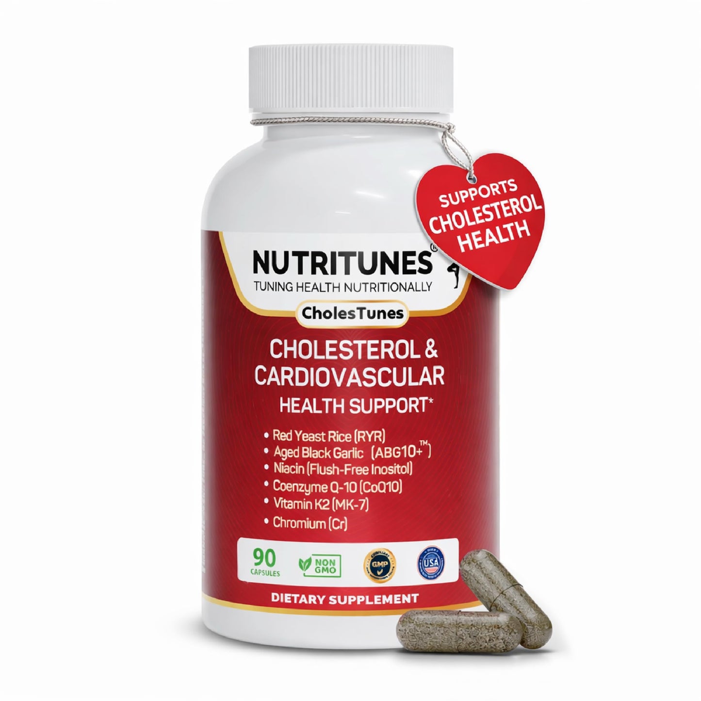 Nutritunes Cholesterol Support Supplement Red Yeast Rice, Aged Black Garlic & CoQ10 – Advanced Cardiovascular & Heart Health Support with Niacin, Chromium & Vitamin K2, 90 Capsules