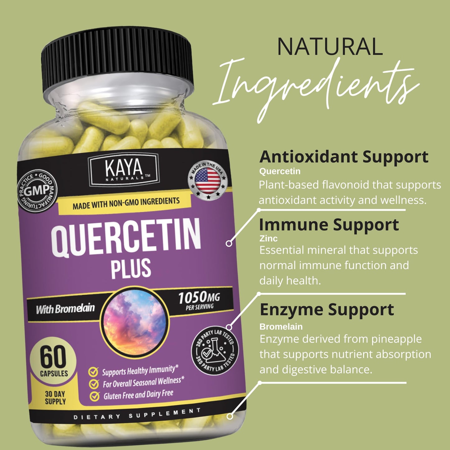 Kaya Naturals Quercetin Plus with Bromelain 1050mg Capsules, 60 Count