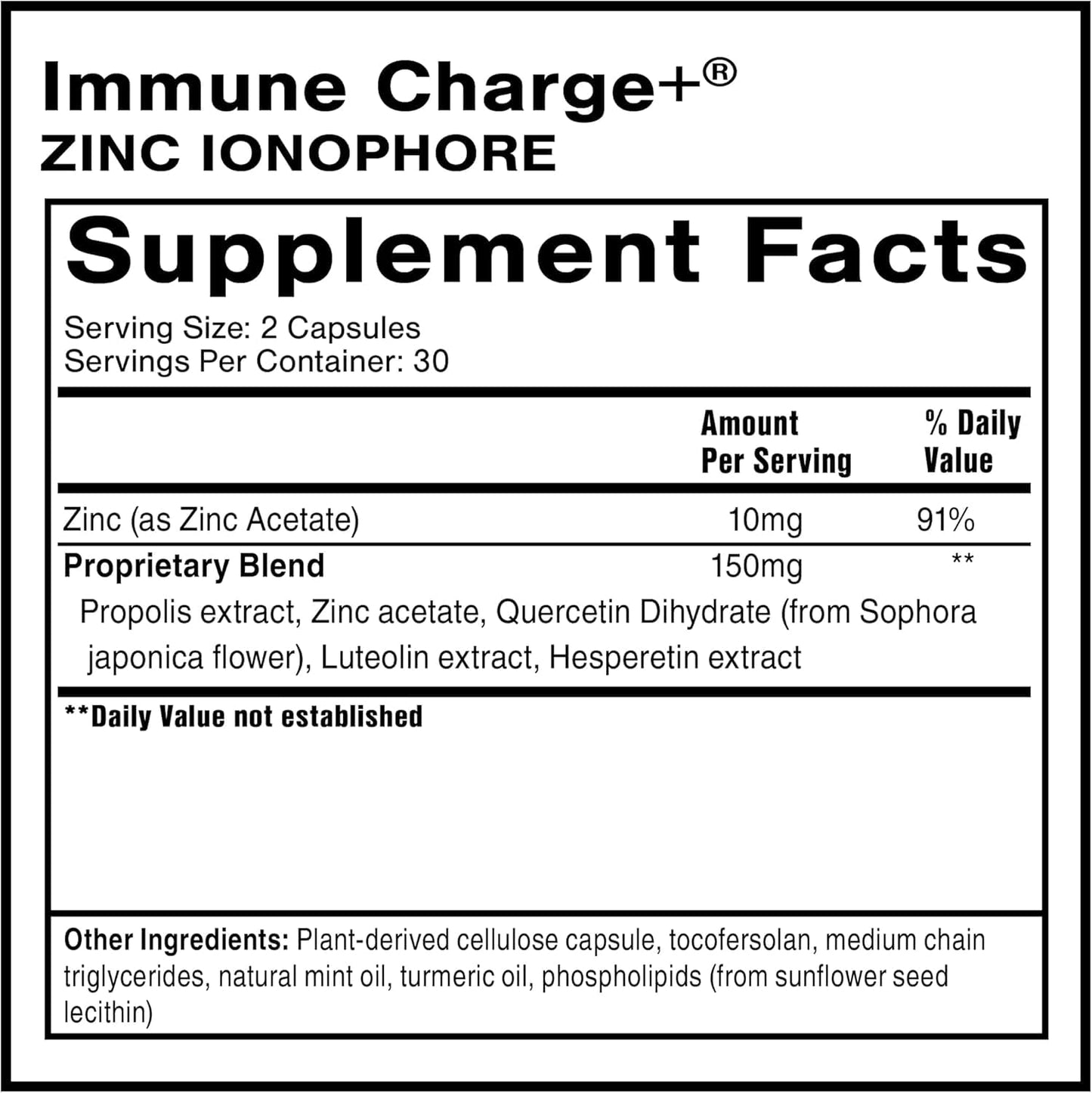Quicksilver Scientific Immune Charge+ Zinc Ionophore - Zinc Supplement Complexed with Quercetin, Luteolin, Hesperetin Immune + GI Support, 60 Capsules