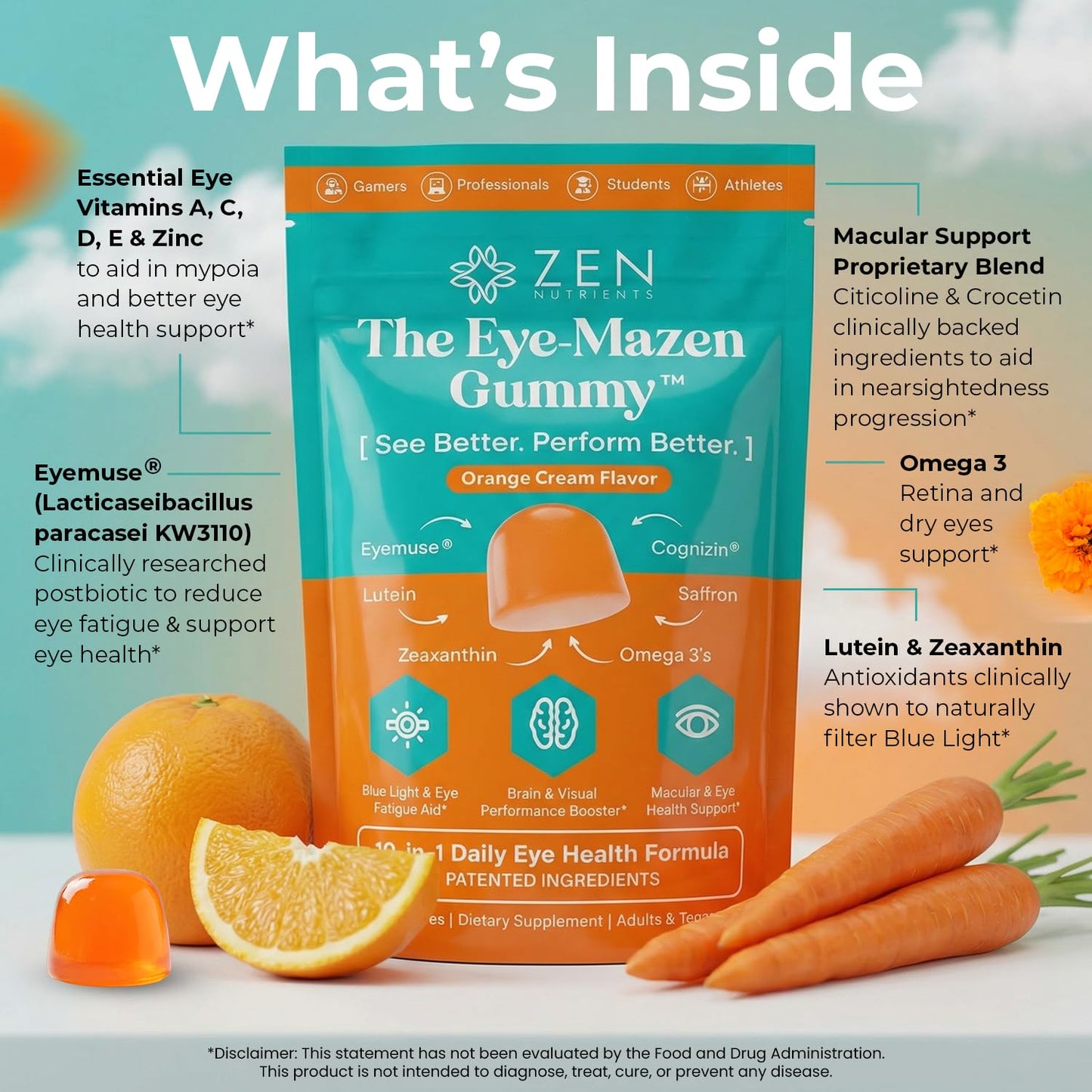 Zen Nutrients Eye-Mazen Gummy Eye Vitamins for Vision and Eye Health with Lutein & Zeaxanthin, Omega-3 & Vitamin A, 60 Count
