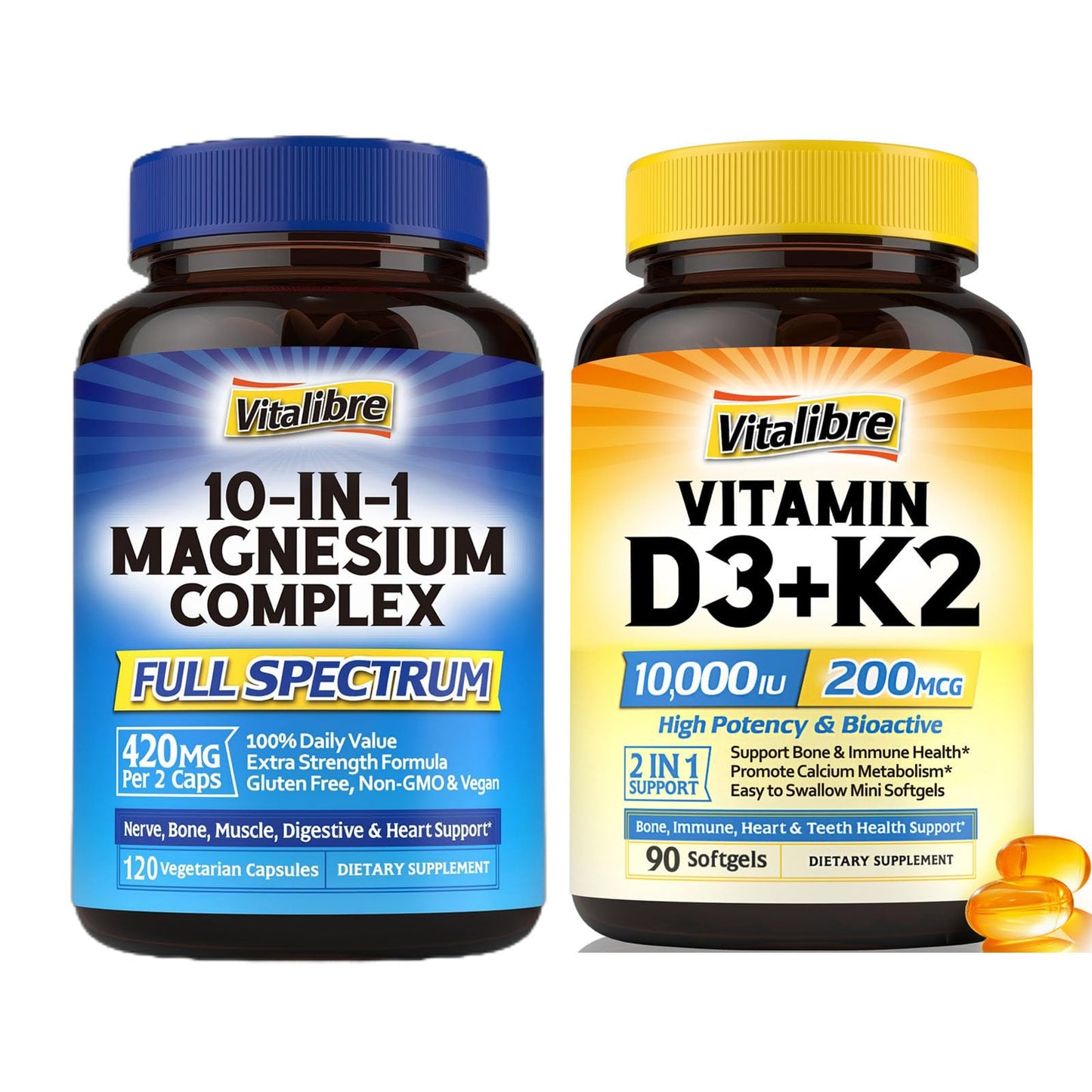 Vitalibre Magnesium Complex 10 in 1 and Vitamin D3 K2 10000 IU Softgels, 210