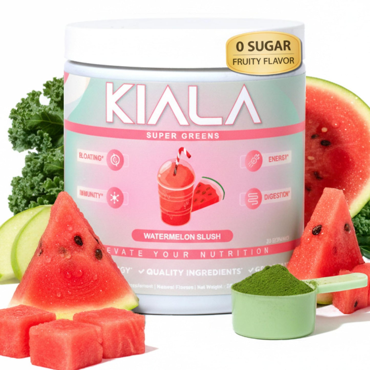 Kiala Nutrition Super Greens Powder with Spirulina & Chlorella, Watermelon Slush, 9 oz
