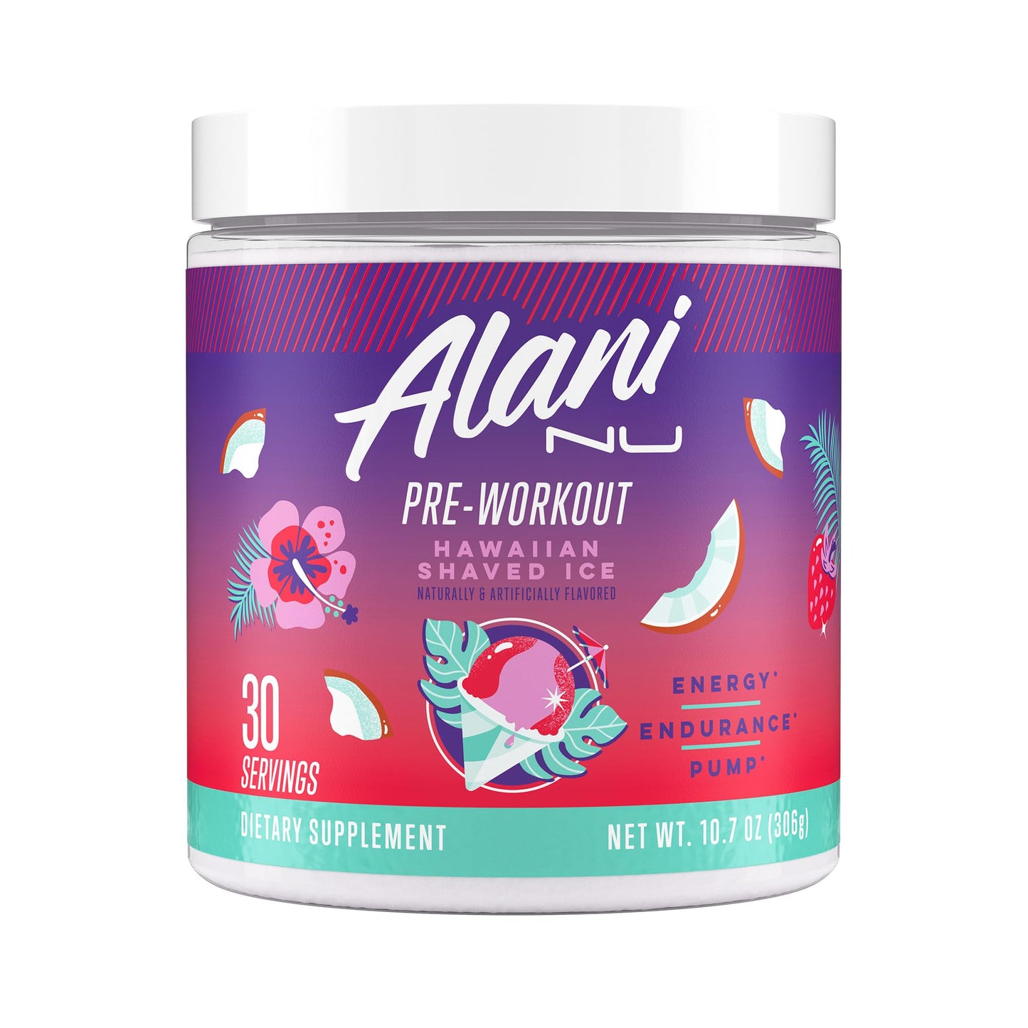 Alani Nu Pre Workout Powder Hawaiian Shaved ICE, Amino Energy Boost, Endurance Supplement, Sugar Free, 200mg Caffeine, L-Theanine, Beta-Alanine, L-Citrulline, 30 Servings