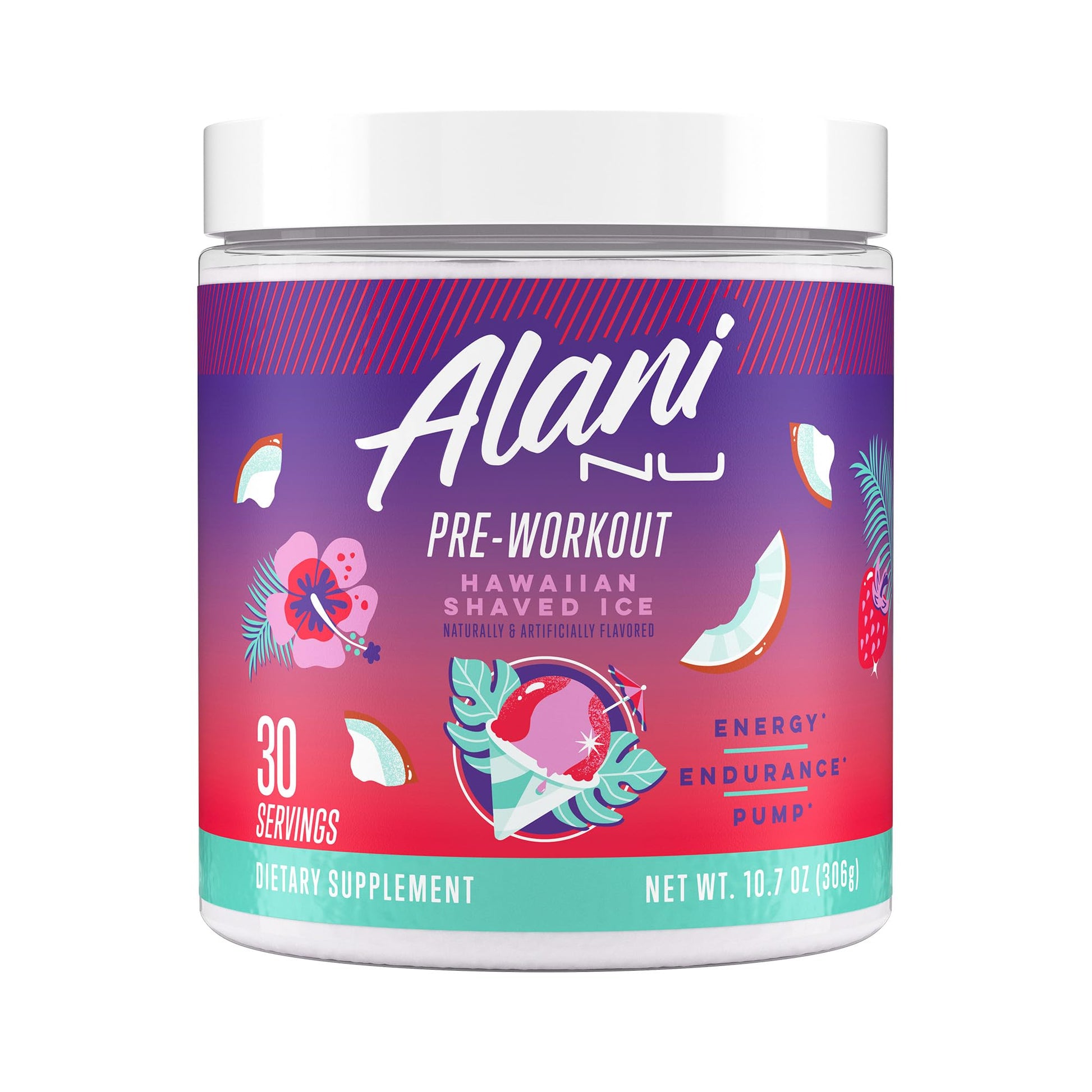 Alani Nu Pre Workout Powder Hawaiian Shaved ICE, Amino Energy Boost, Endurance Supplement, Sugar Free, 200mg Caffeine, L-Theanine, Beta-Alanine, L-Citrulline, 30 Servings