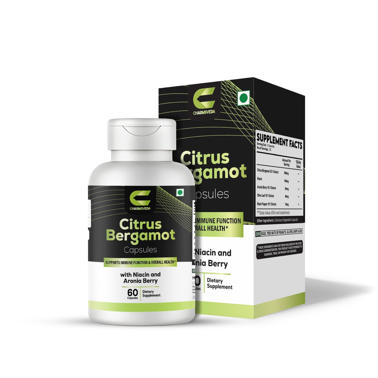 CHARMSVEDA Citrus Bergamot with Niacin & Aronia Berry – Advanced Liver Health, Immune & Heart Support – Olive Leaf & Black Pepper Extract – 60 Vegan Capsules