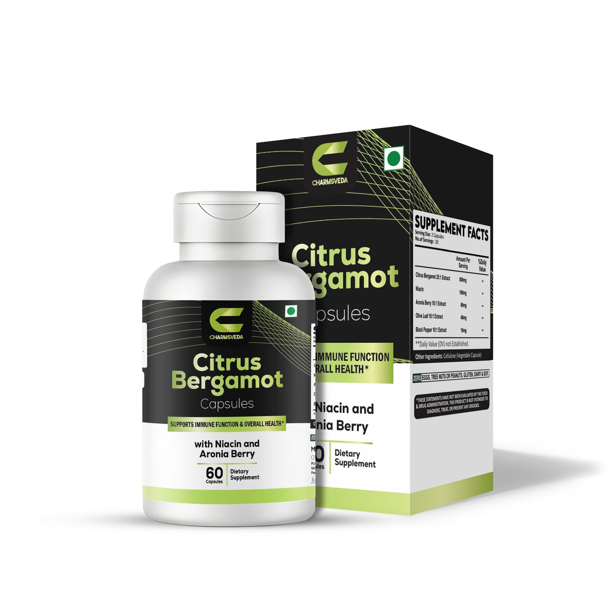 CHARMSVEDA Citrus Bergamot with Niacin & Aronia Berry – Advanced Liver Health, Immune & Heart Support – Olive Leaf & Black Pepper Extract – 60 Vegan Capsules